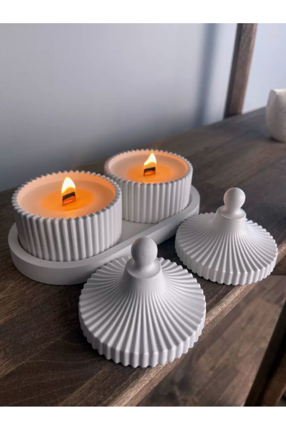 Lüks Kapaklı Beton Mum Seti – Dekoratif Ahşap Fitilli El Yapımı M