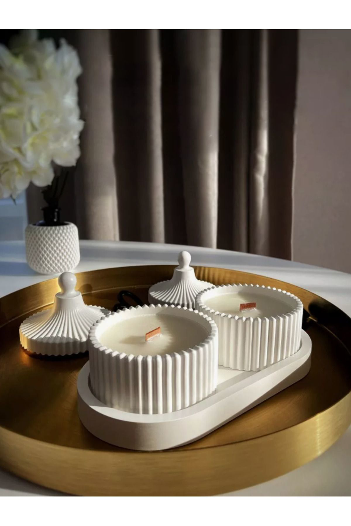 Lüks Kapaklı Beton Mum Seti – Dekoratif Ahşap Fitilli El Yapımı M