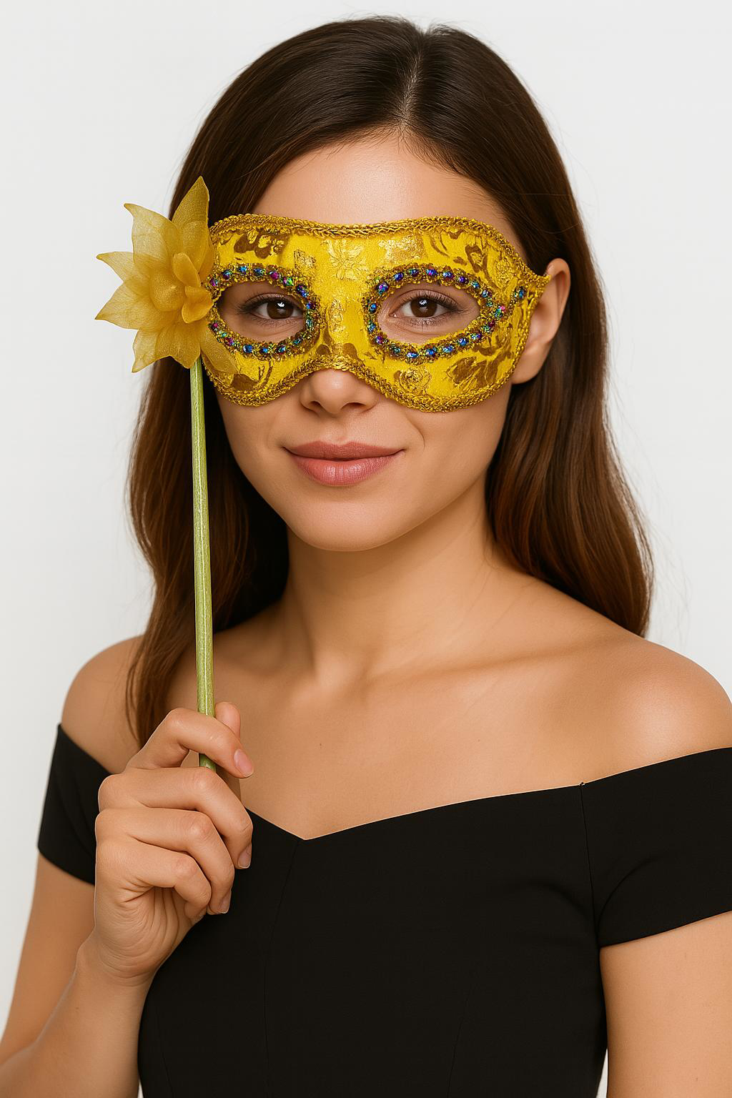 Lüks Taşlı Saplı Maskeli Balo Maskesi Altın Renk 35 cm (4741)