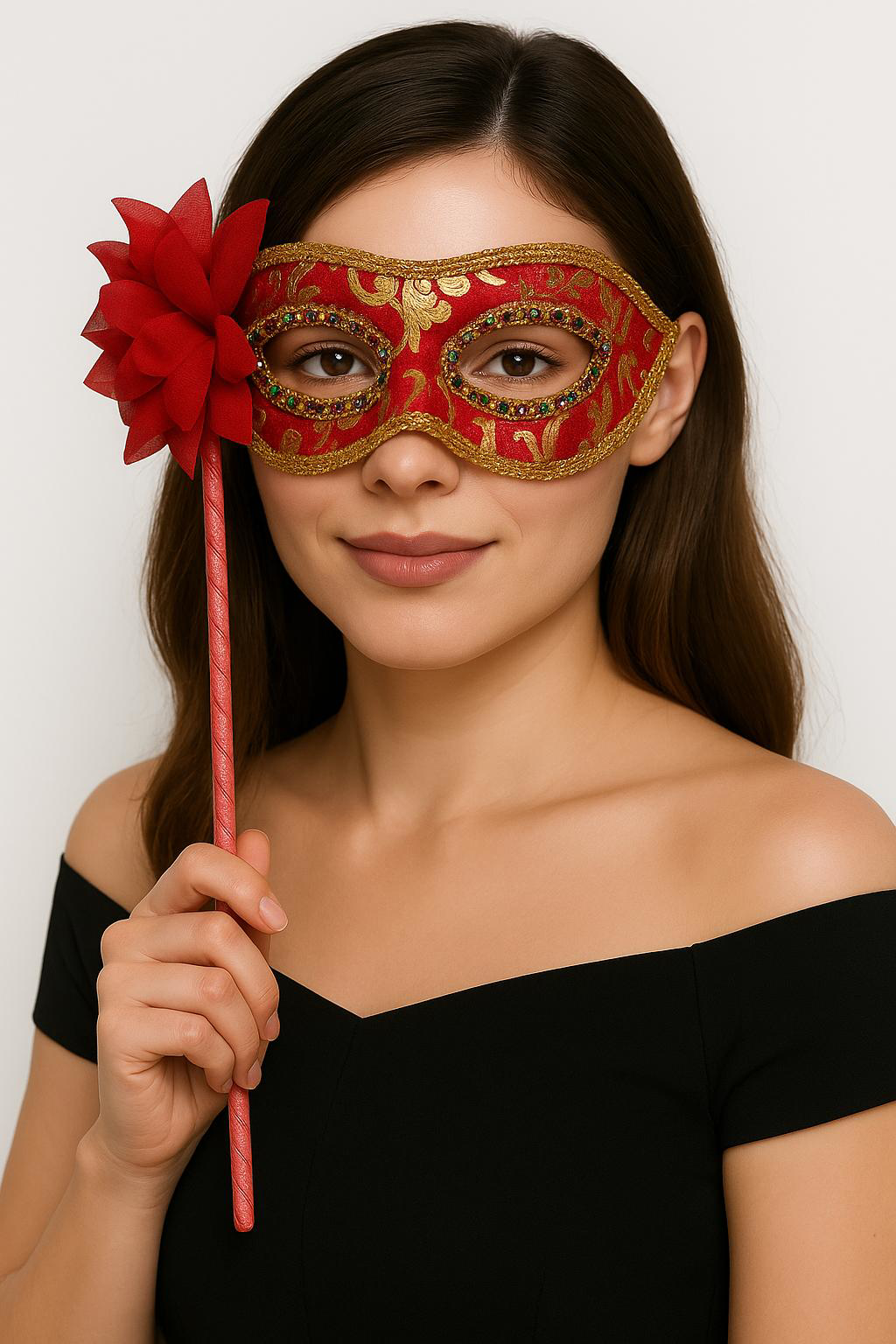 Lüks Taşlı Saplı Maskeli Balo Maskesi Kırmızı Renk 35 cm (4741)