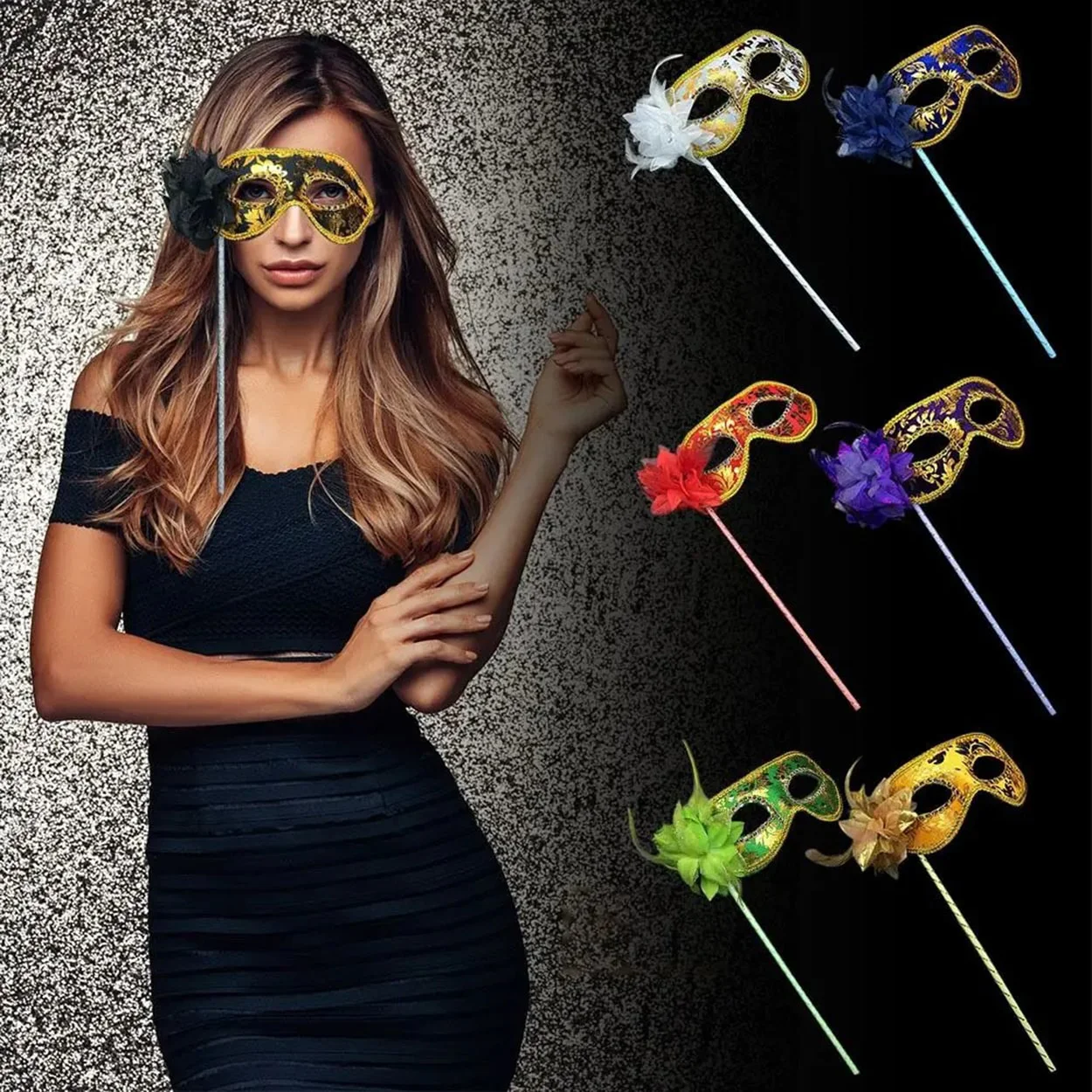 Lüks Taşlı Saplı Maskeli B Maskesi Kırmızı Renk 35 cm