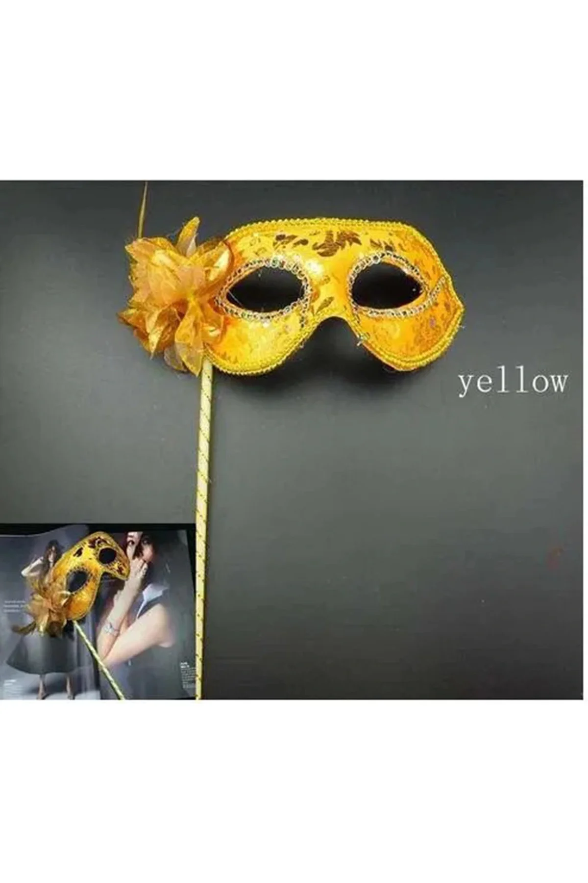 Lüks Taşlı Saplı Maskeli Balo Maskesi Altın Renk 35 Cm - Görsel 4
