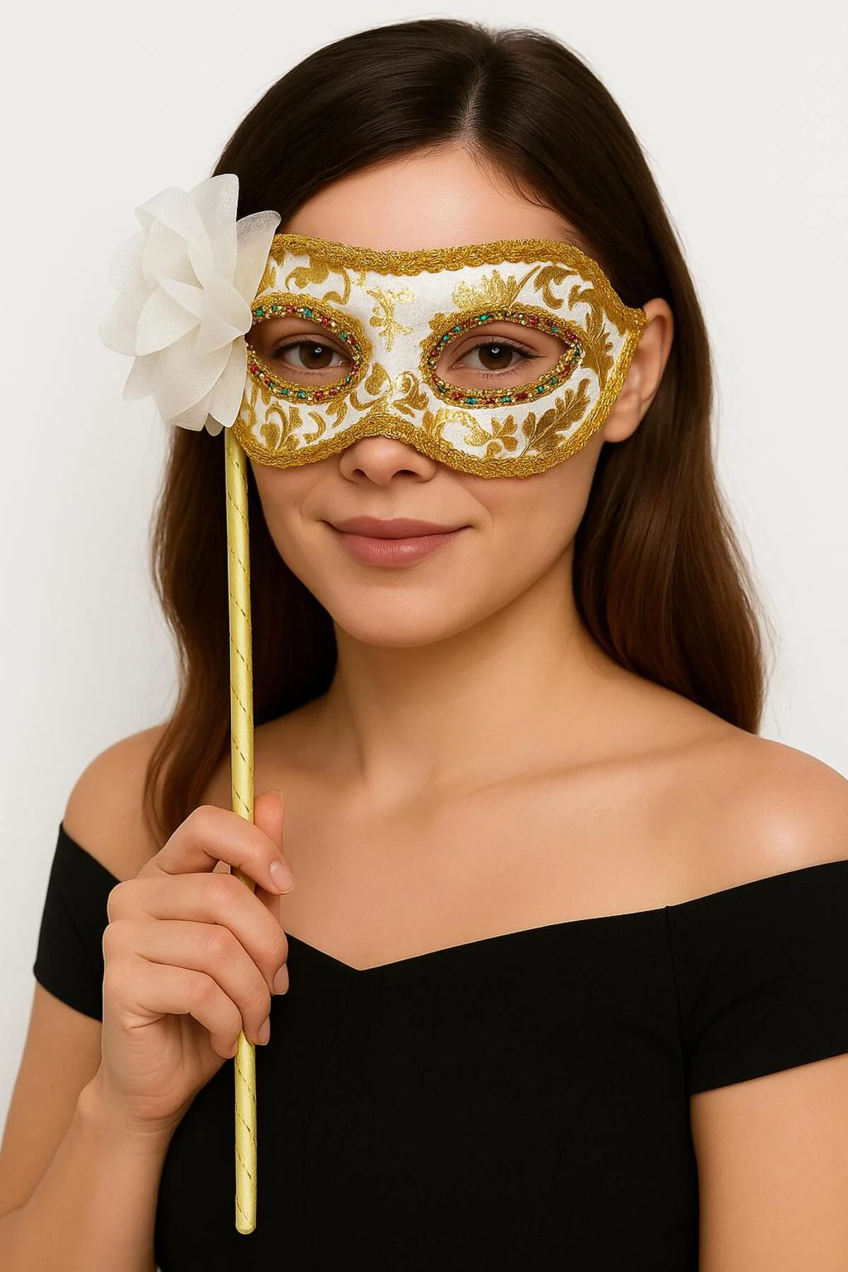 Lüks Taşlı Saplı Maskeli Balo Maskesi Beyaz Renk 35 cm (5060)