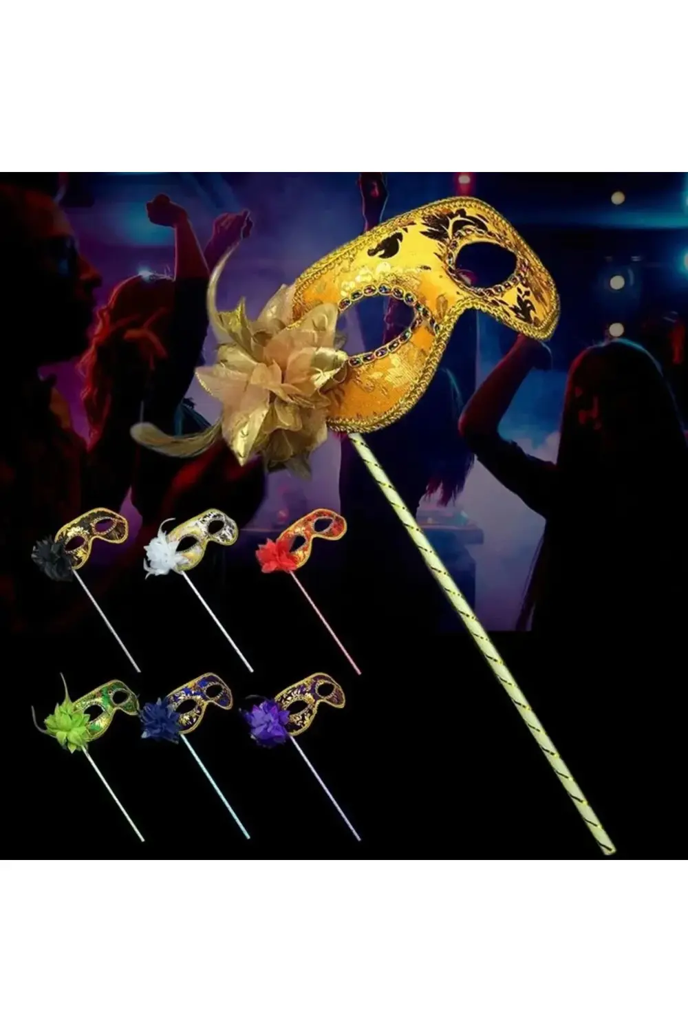 Lüks Taşlı Saplı Maskeli Balo Maskesi Mor Renk 35 cm