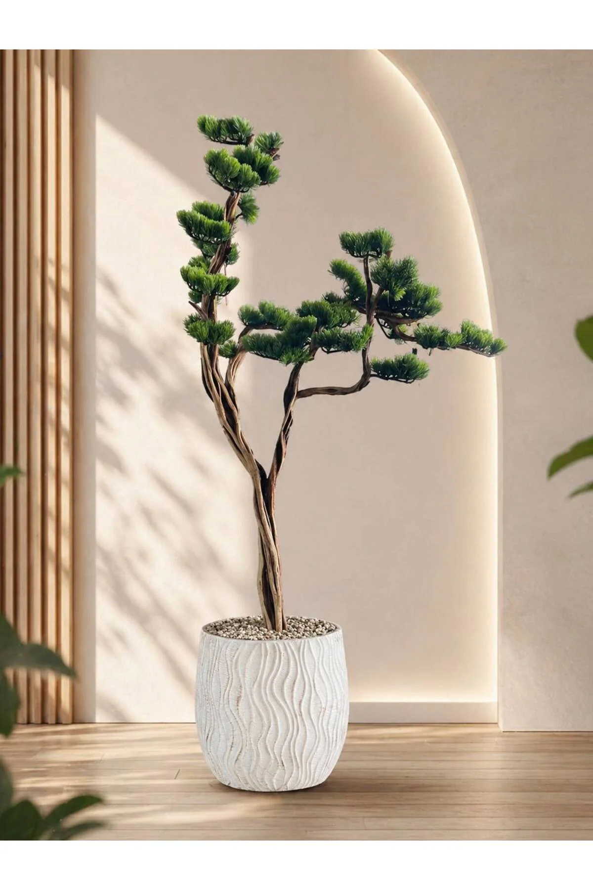 Lüks Yapay Bonsai Çam Ağacı - 170cm Özel Tasarım Kıvrımlı Gövde - Modern Zen Saksılı Dekoratif Ağaç