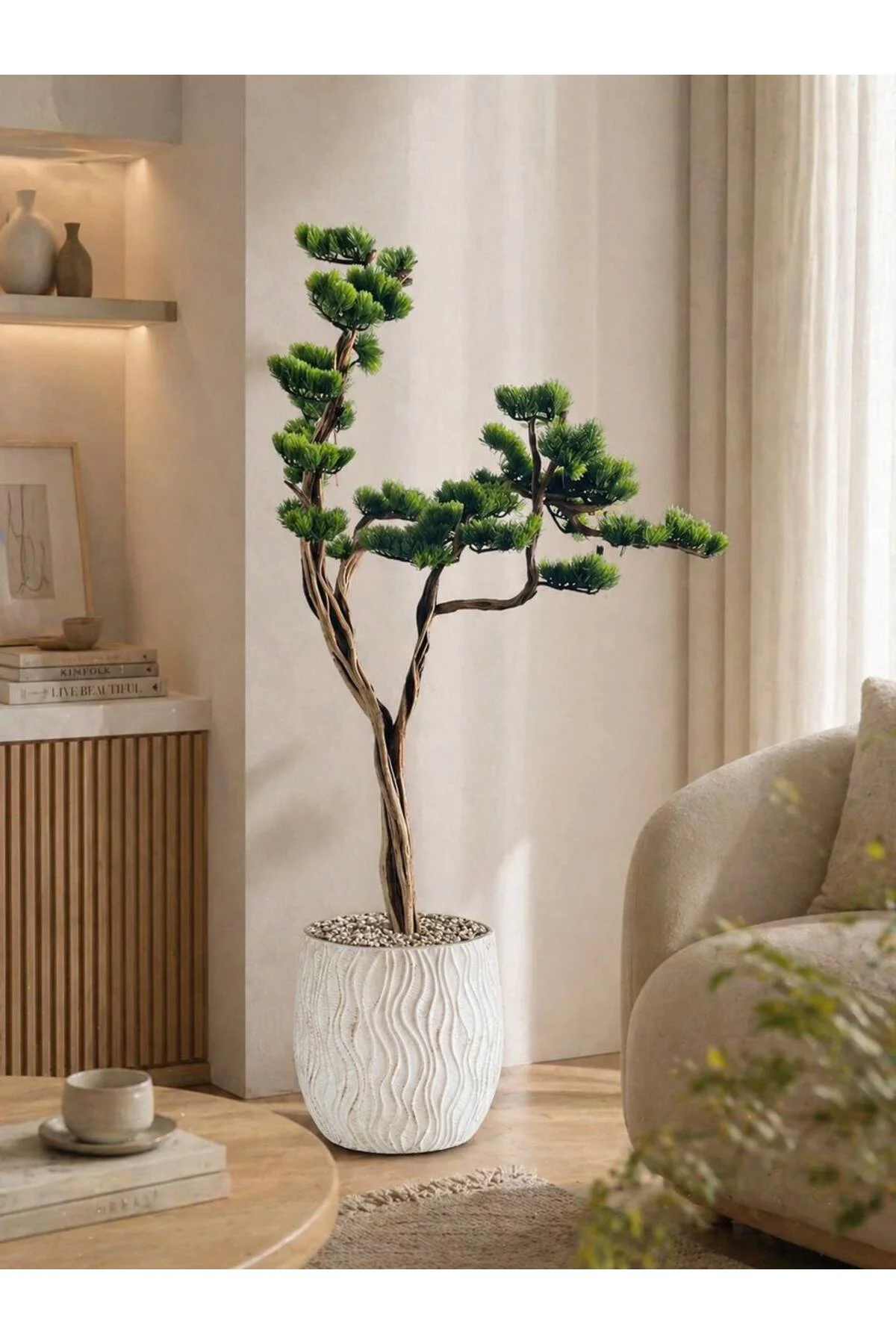 Lüks Yapay Bonsai Çam Ağacı - 170cm Özel Tasarım Kıvrımlı Gövde - Modern Zen Saksılı Dekoratif Ağaç