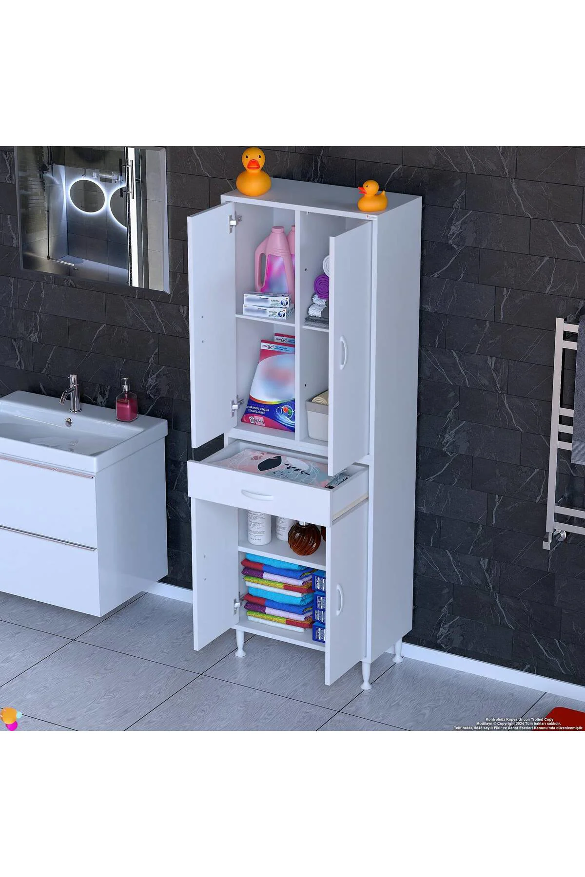 Luma Kapaklı & Çekmeceli Banyo Dolabı 55 cm Genişlikte Beyaz Dola Luma Kapaklı & Çekmeceli Banyo Dolabı 55 cm Genişlikte Beyaz Dola