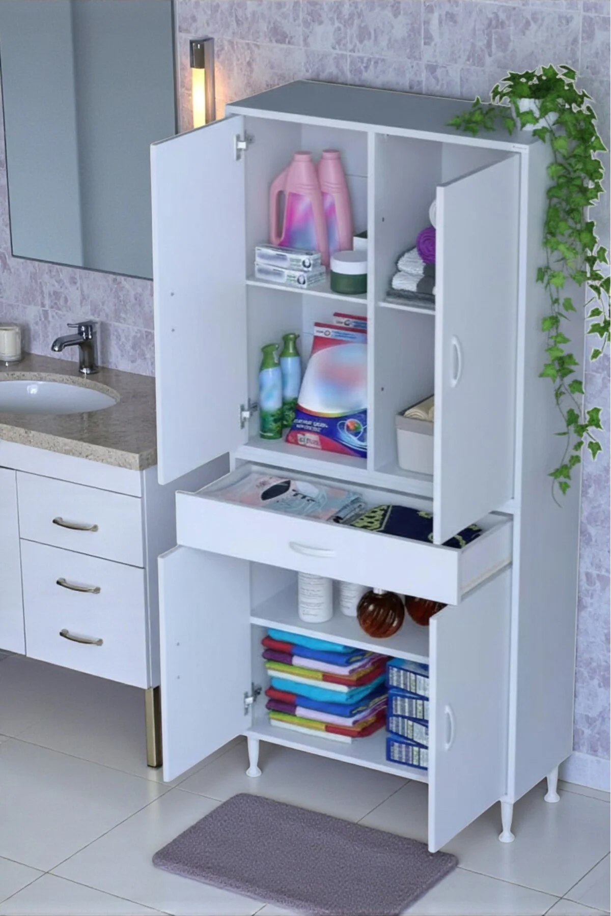 Luma Kapaklı & Çekmeceli Banyo Dolabı 75 cm Genişlikte Beyaz Dola