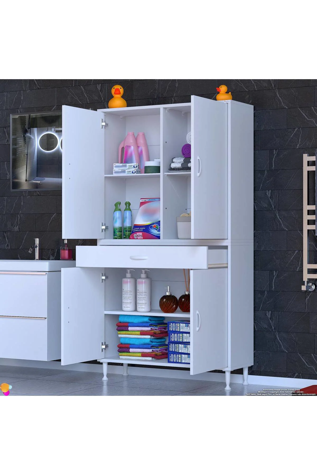 Luma Kapaklı & Çekmeceli Banyo Dolabı 90 cm Genişlikte Beyaz Dola
