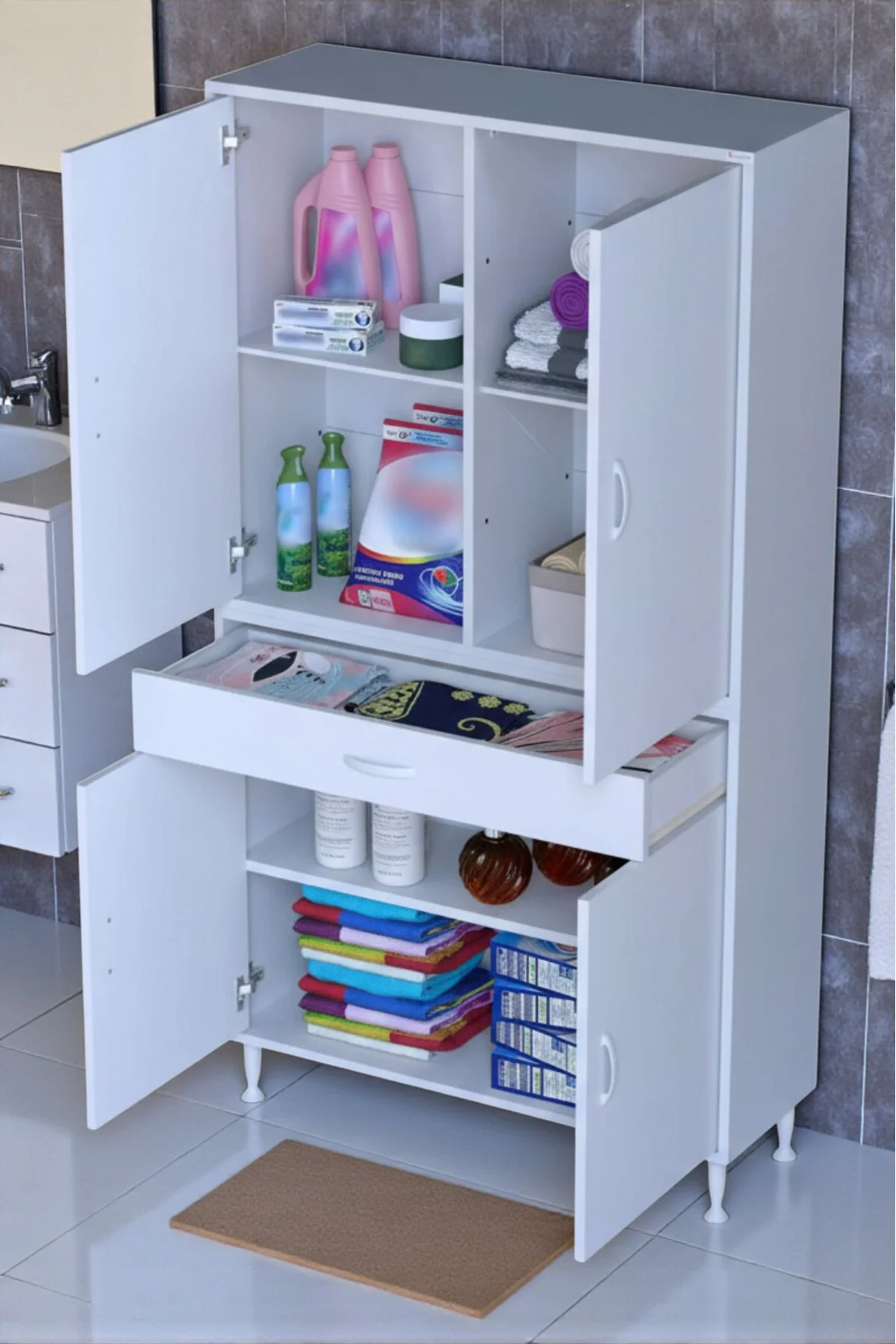 Luma Kapaklı & Çekmeceli Banyo Dolabı 90 cm Genişlikte Beyaz Dola