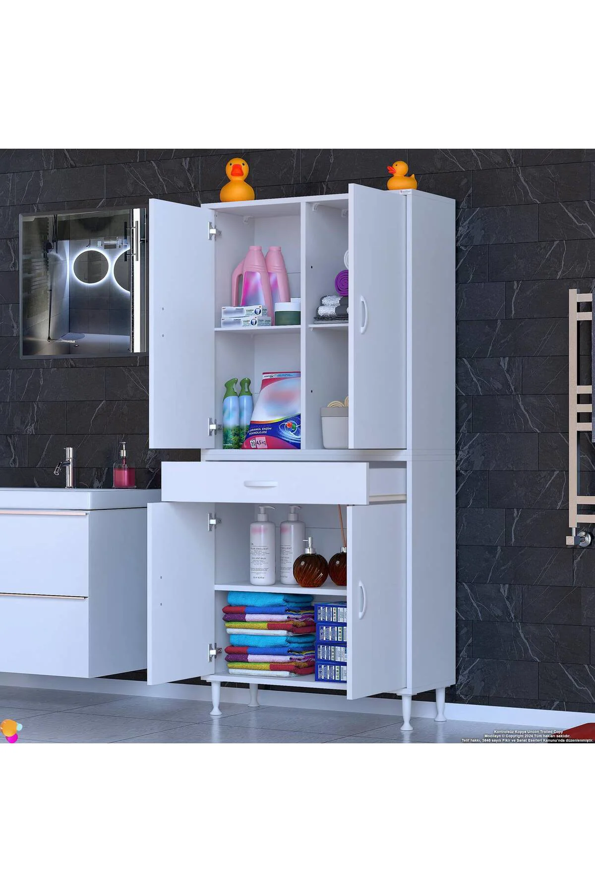Luma Kapaklı & Çekmeceli Banyo Dolabı 85 cm Genişlikte Beyaz Dola