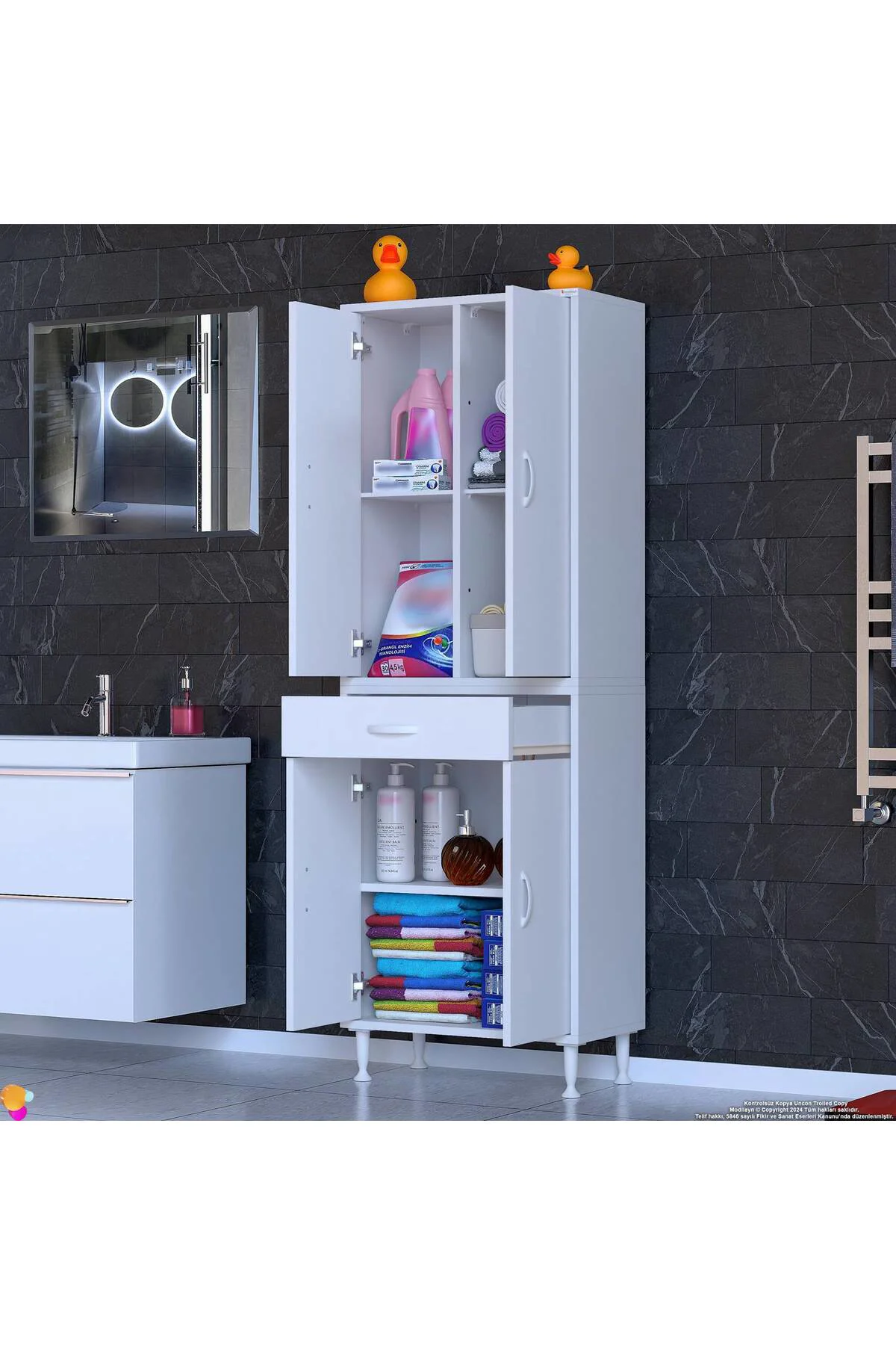 Luma Kapaklı & Çekmeceli Banyo Dolabı 60 cm Genişlikte Beyaz Dola Luma Kapaklı & Çekmeceli Banyo Dolabı 60 cm Genişlikte Beyaz Dola
