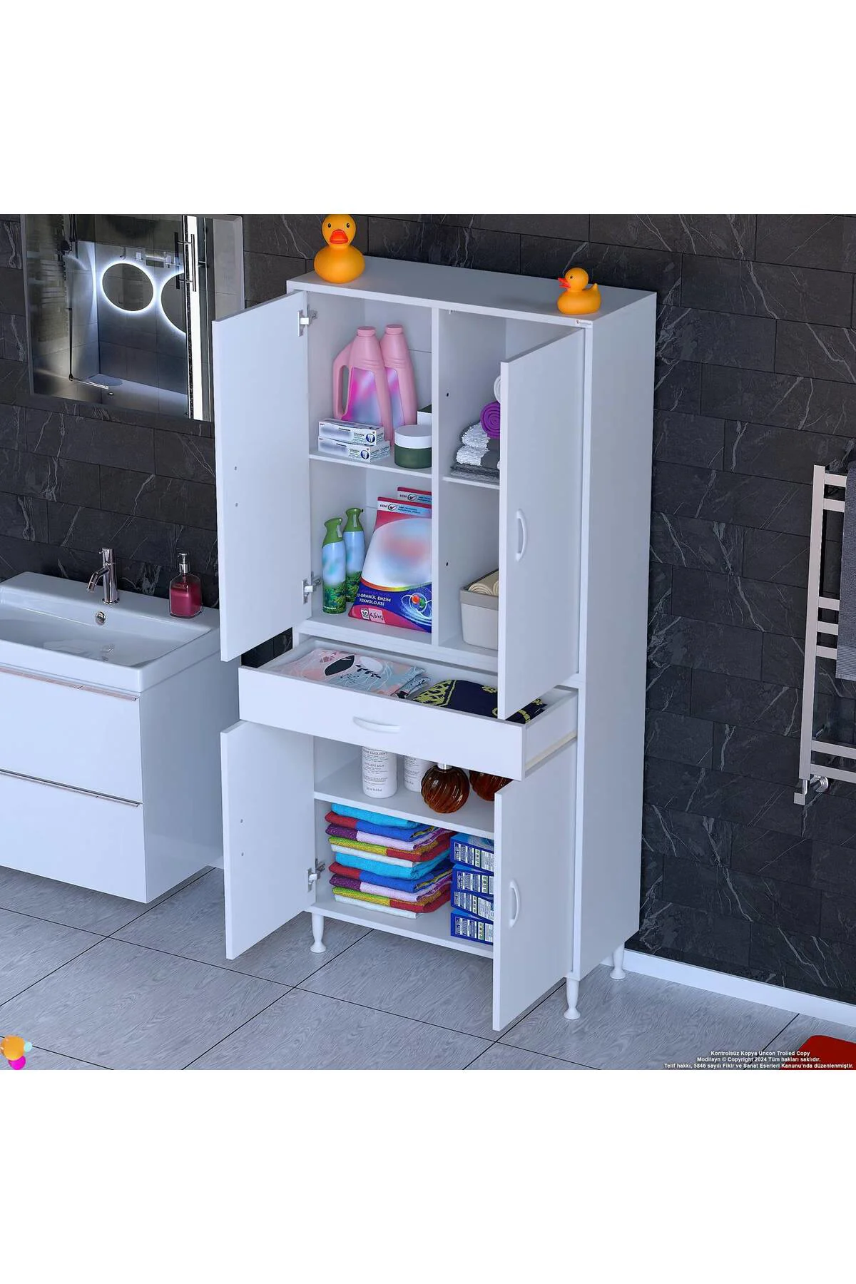 Luma Kapaklı & Çekmeceli Banyo Dolabı 85 cm Genişlikte Beyaz Dola