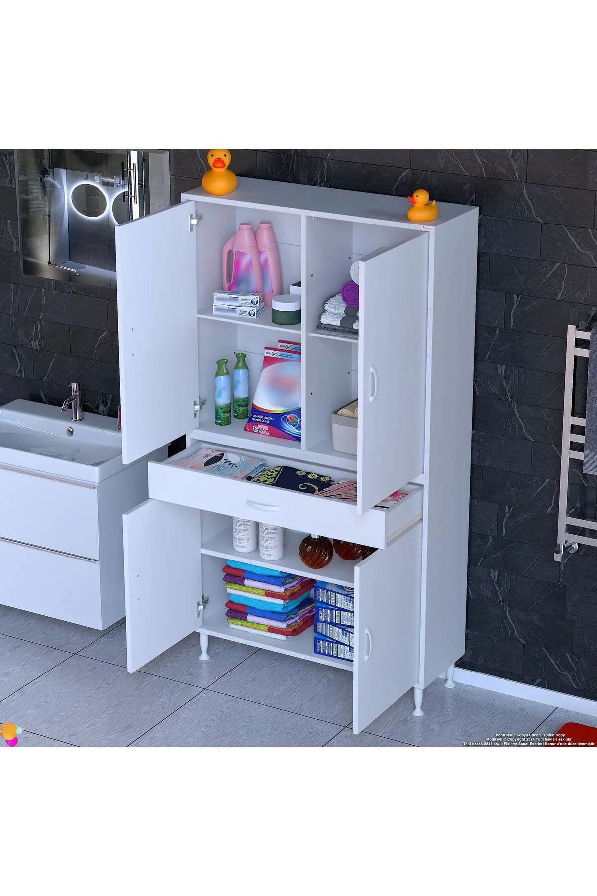 Luma Kapaklı & Çekmeceli Banyo Dolabı 90 cm Genişlikte Beyaz Dola