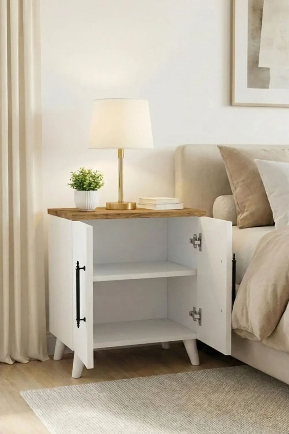 Lumen 2 Kapaklı Raflı Klasik Komodin Çam - Beyaz