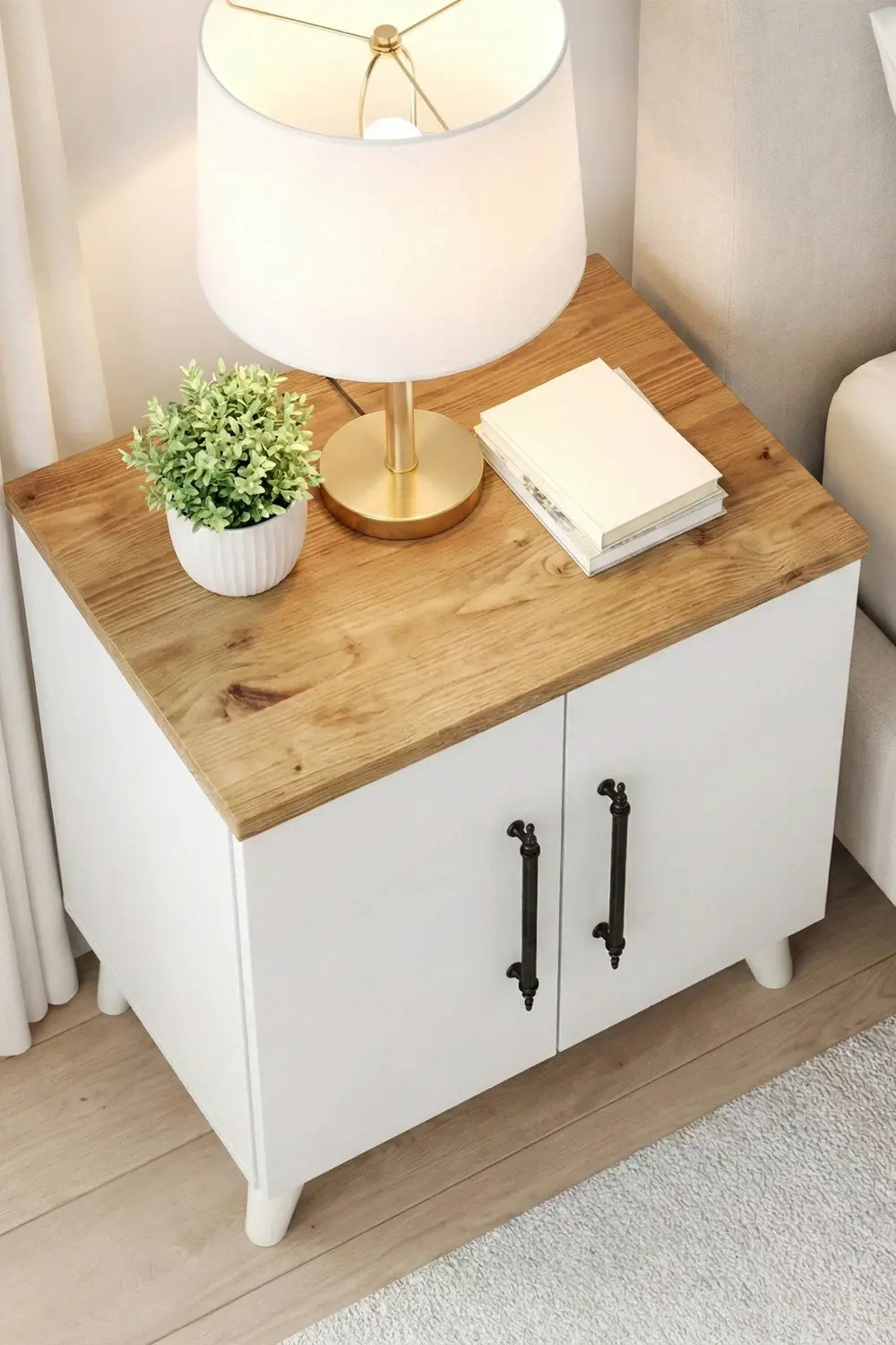 Lumen 2 Kapaklı Raflı Klasik Komodin Çam - Beyaz