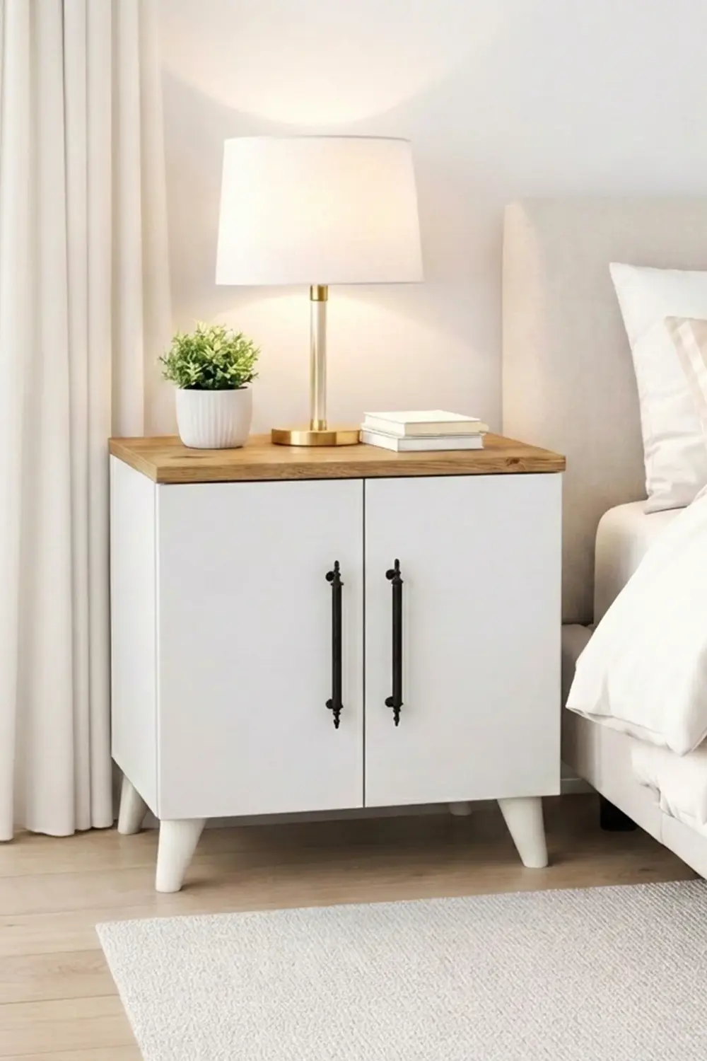 Lumen 2 Kapaklı Raflı Klasik Komodin Çam - Beyaz