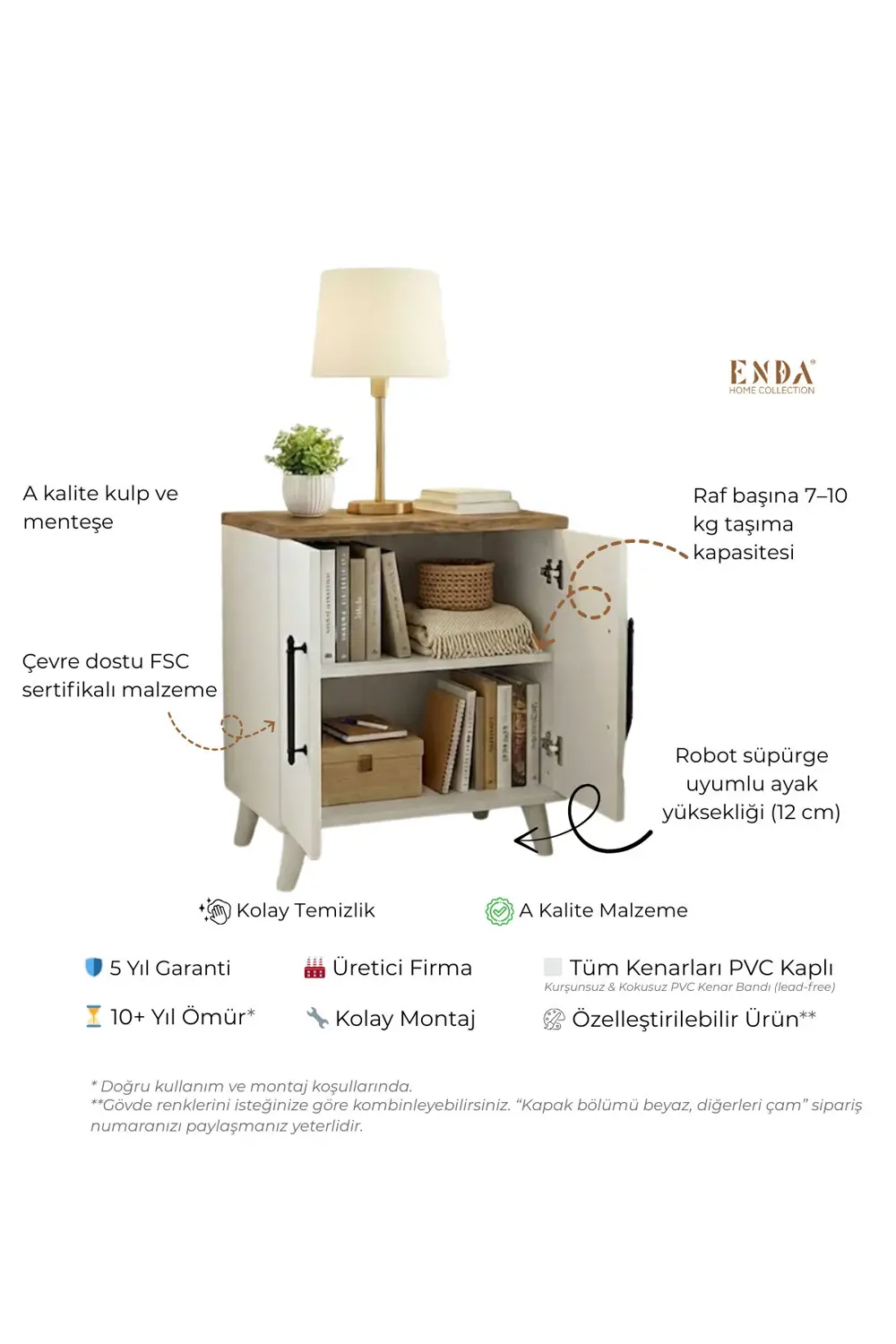 Lumen 2 Kapaklı Raflı Klasik Komodin Çam - Beyaz