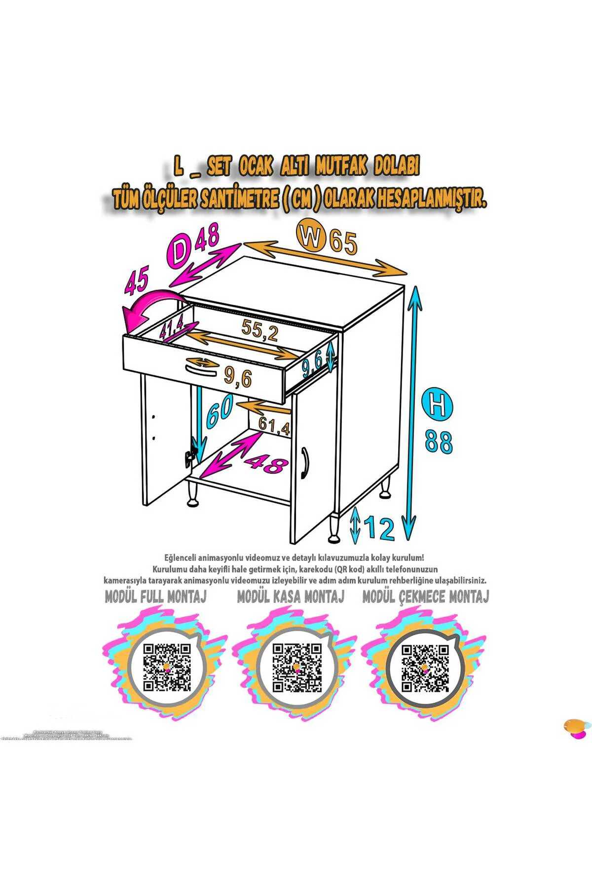 Lumin Tüp Yuvalı 65 cm Ankastre Ocak Altı Dolap 65x88x48 cm Beyaz
