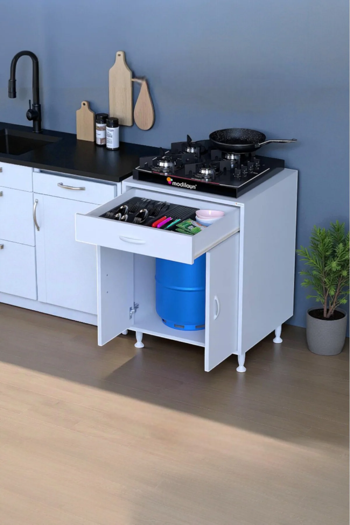 Lumin Tüp Yuvalı 65 cm Ankastre Ocak Altı Dolap 65x88x48 cm Beyaz