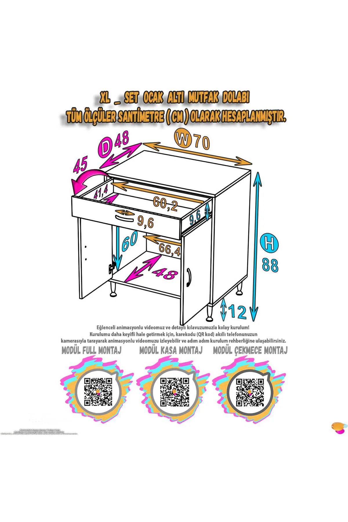 Lumin Tüp Yuvalı 70 cm Ankastre Ocak Altı Dolap 70x88x48 cm Beyaz