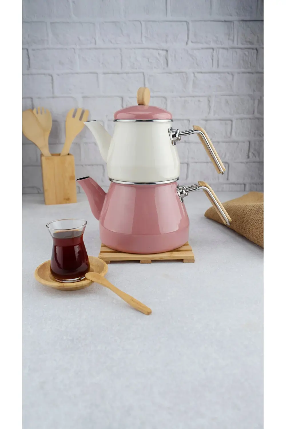 Lumino Bambu Kulplu Emaye Çaydanlık Takımı