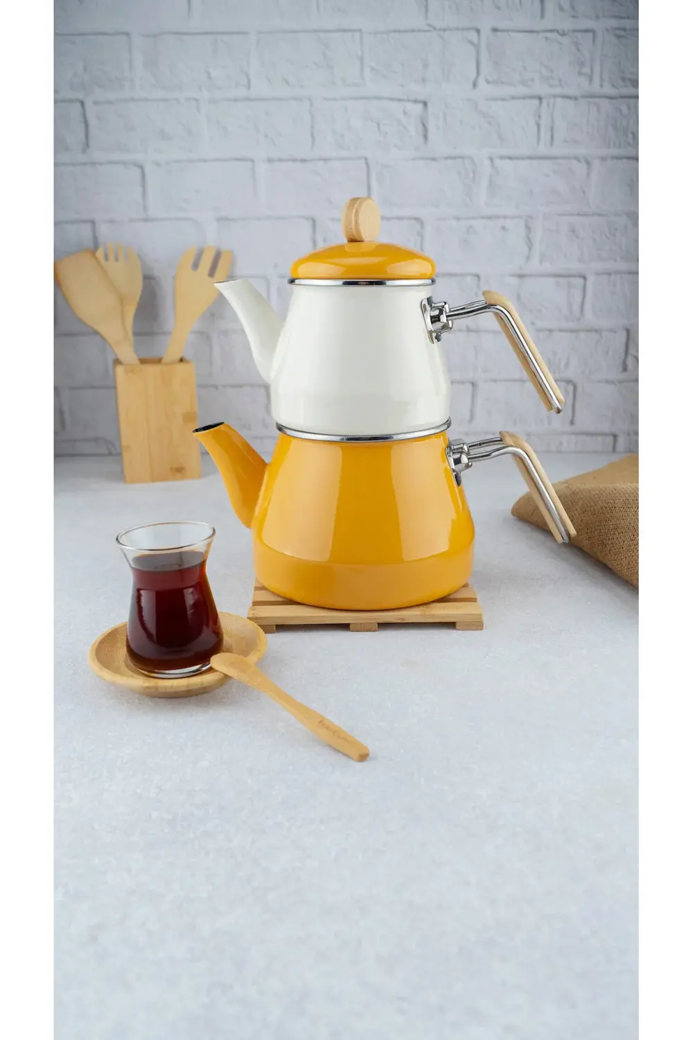 Lumino Bambu Kulplu Emaye Çaydanlık Takımı