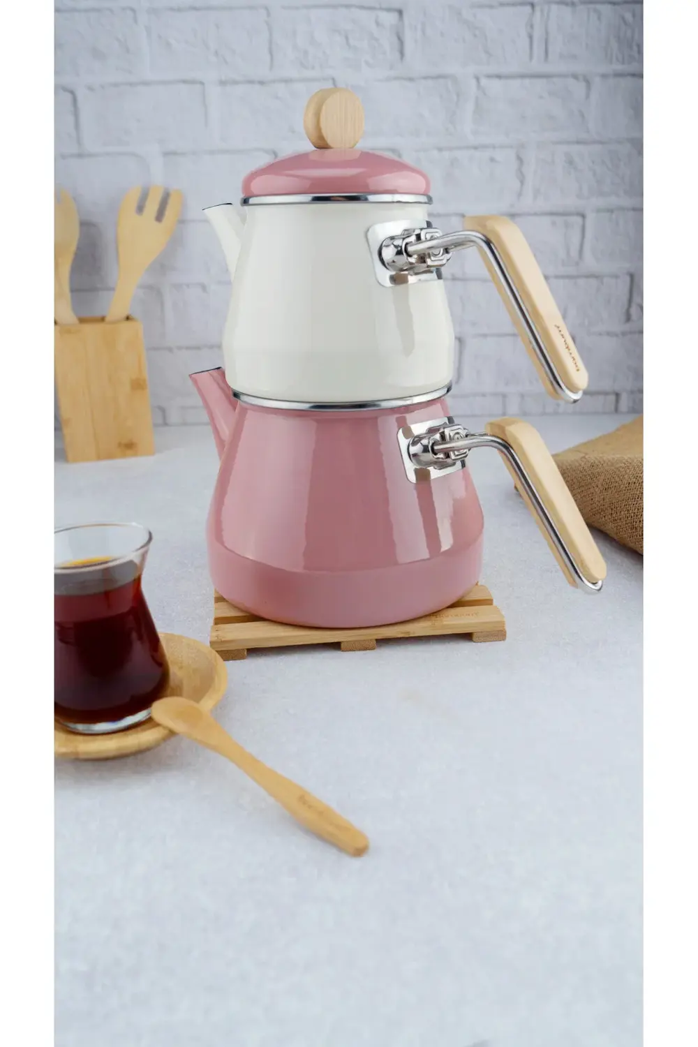 Lumino Bambu Kulplu Emaye Çaydanlık Takımı