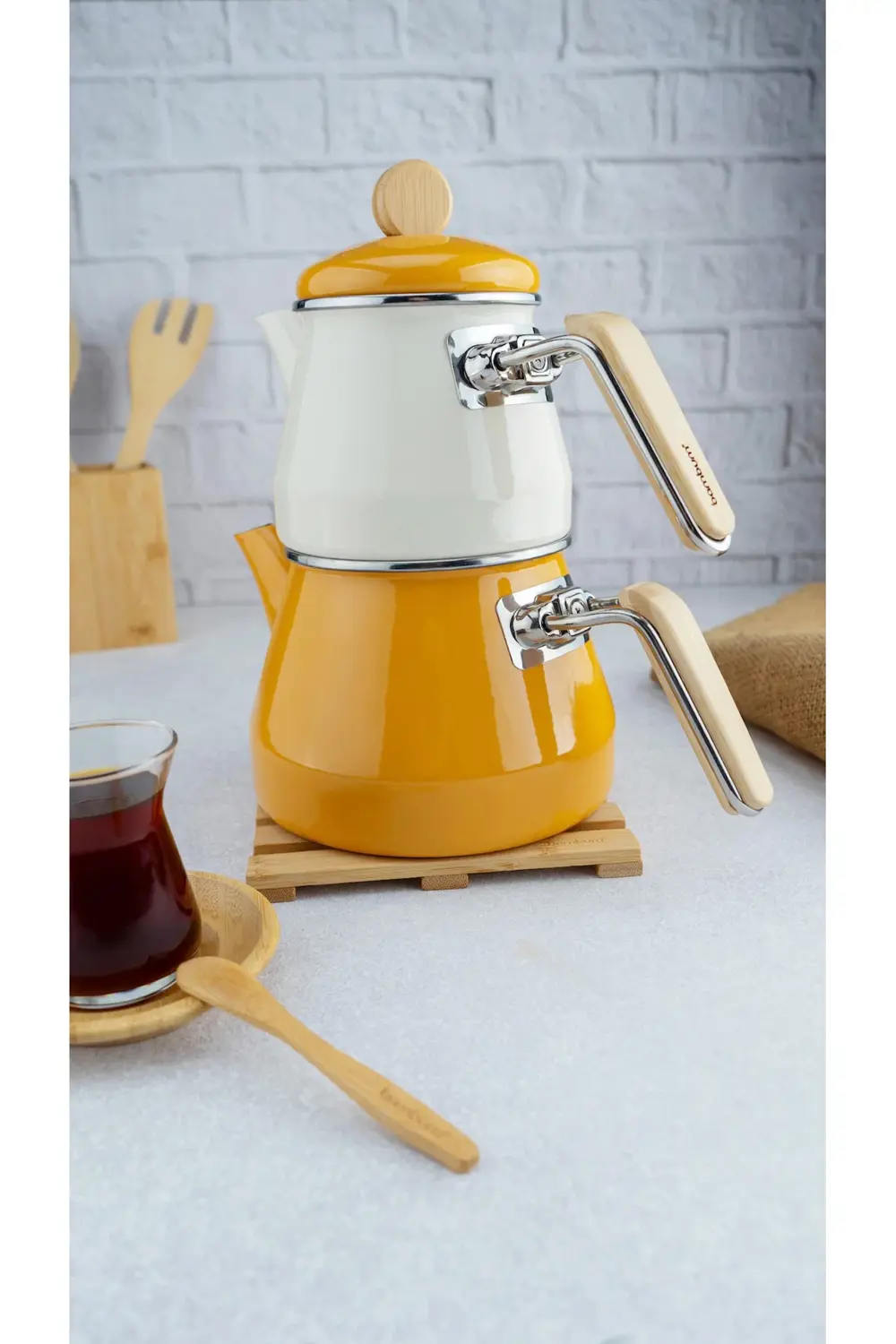 Lumino Bambu Kulplu Emaye Çaydanlık Takımı