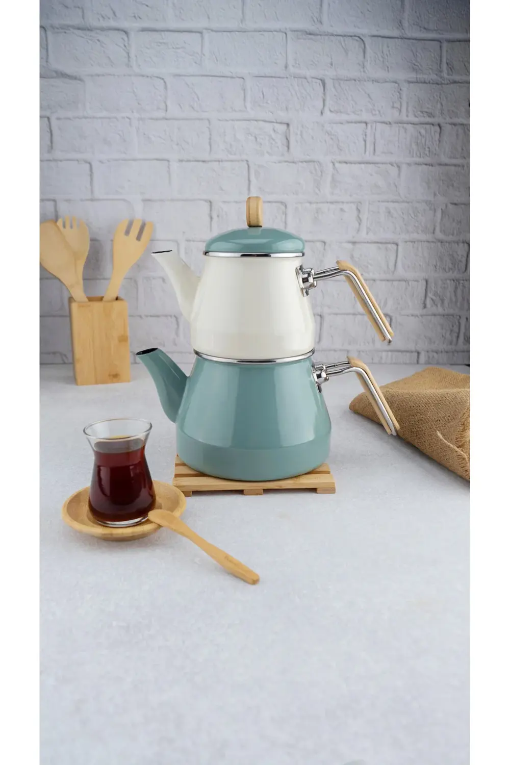 Lumino Bambu Kulplu Emaye Çaydanlık Takımı