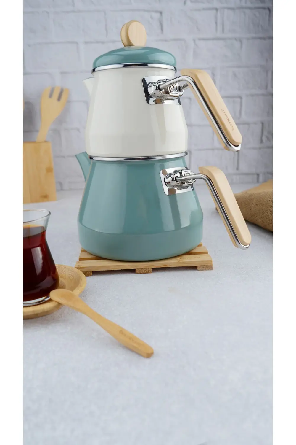 Lumino Bambu Kulplu Emaye Çaydanlık Takımı