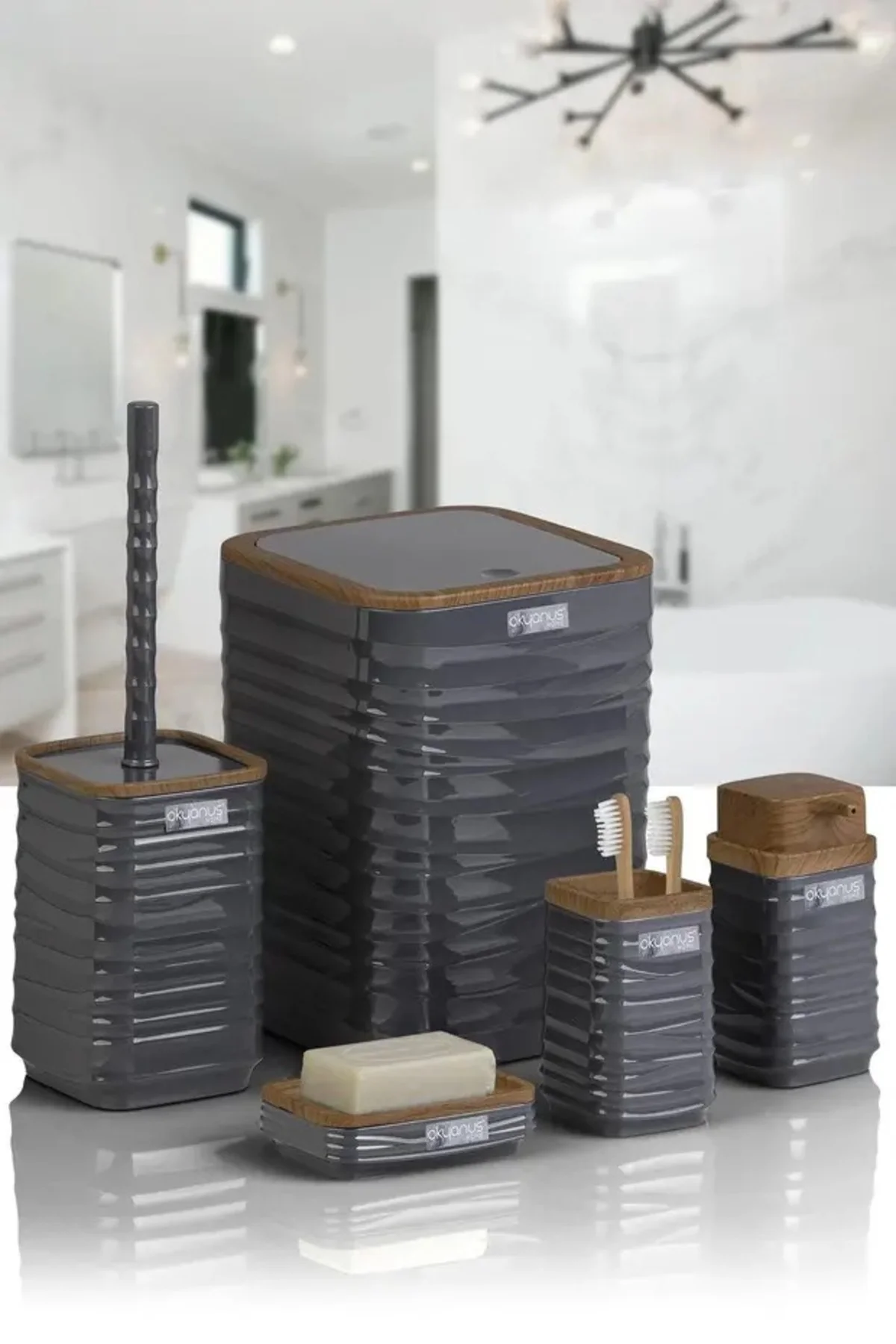 Luna Antrasit Ahşap Desenli Kare 5'li Banyo Seti 7 LT Luna Antrasit Ahşap Desenli Kare 5'li Banyo Seti 7 LT - Görsel 3