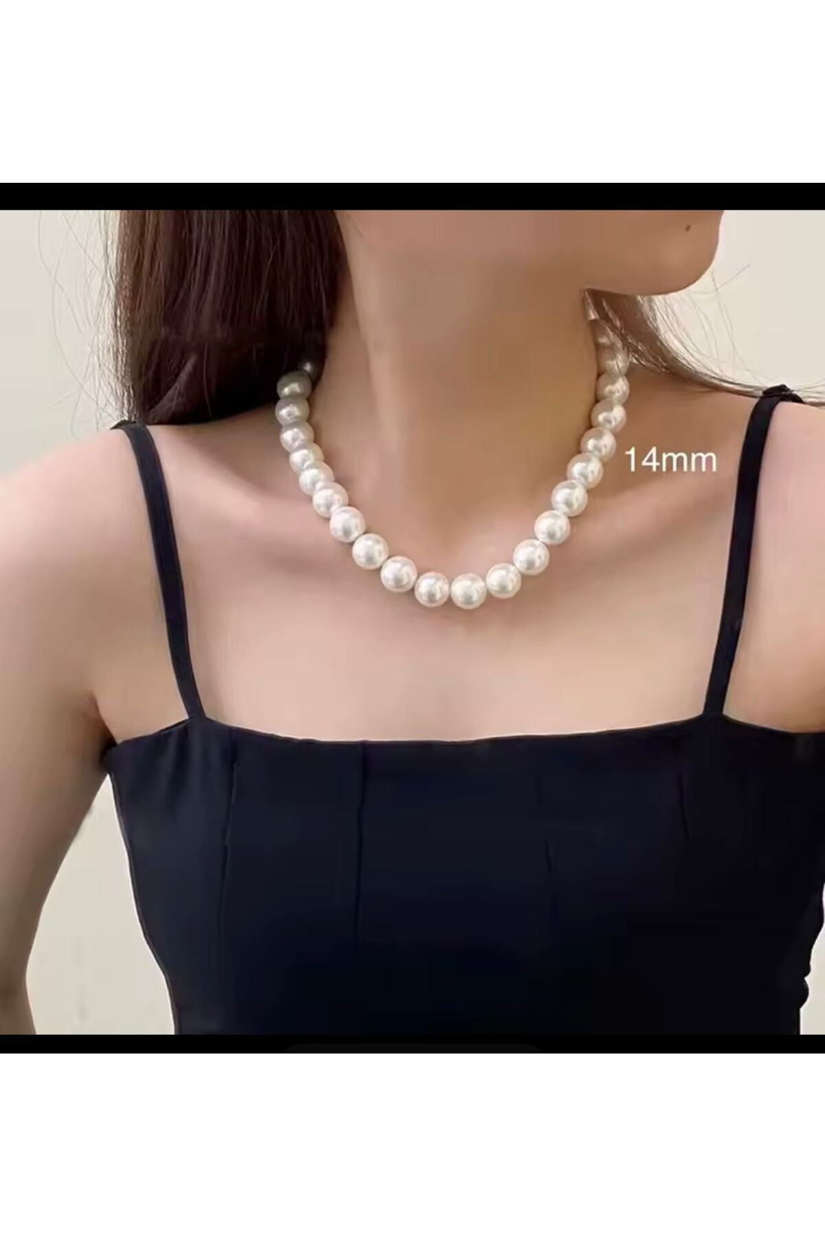 LÜX 14 MM 1.KALİTE PARLAK KREM RENGİ ŞIK KADIN İNCİ KOLYE