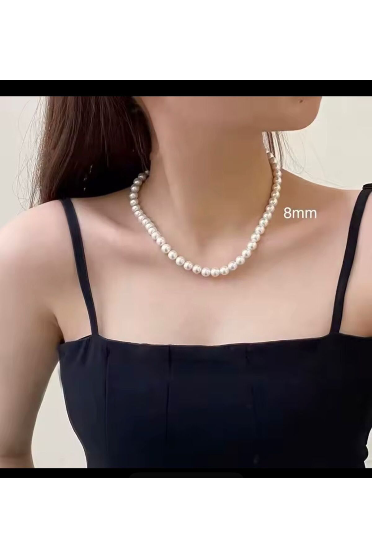 LÜX 8 MM 1.KALİTE PARLAK KREM RENGİ ŞIK KADIN İNCİ KOLYE