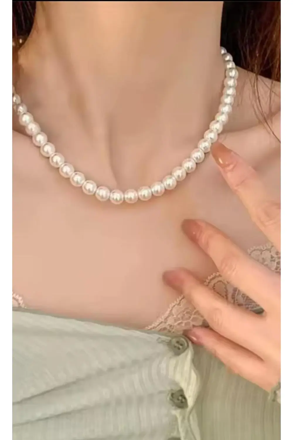 LÜX 8 MM 1.KALİTE PARLAK KREM RENGİ ŞIK KADIN İNCİ KOLYE