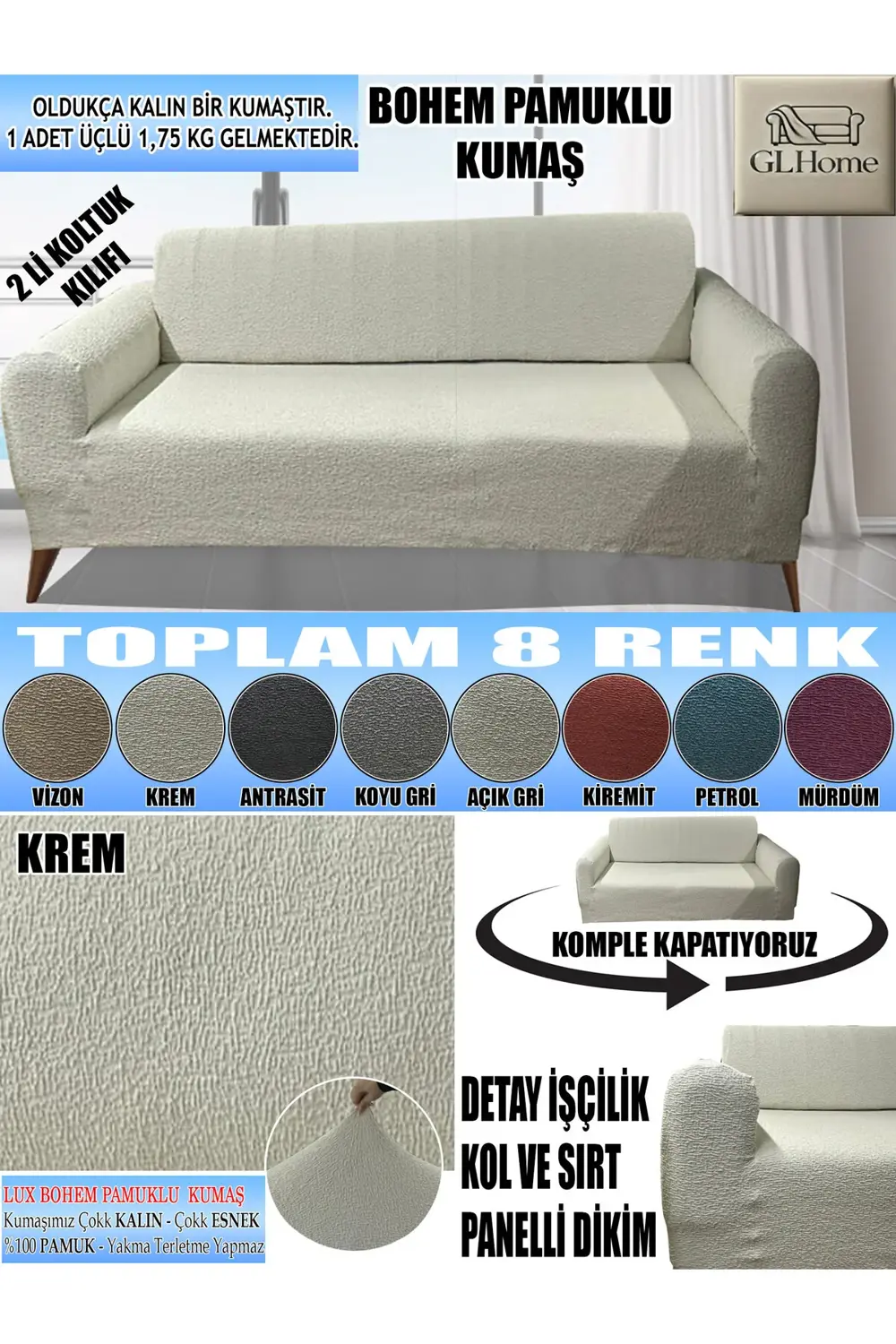 LUX BOHEM PAMUKLU KUMAŞ ÇİFT KİŞİLİK KOLTUK KILIFI KOMPLE GİYDİRM