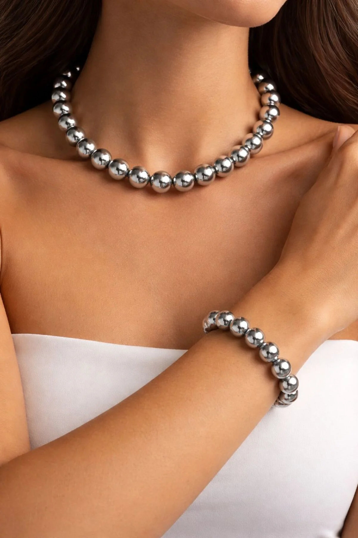 LÜX PARLAK İNCİ KOLYE BİLEKLİK SET ( 16 MM )