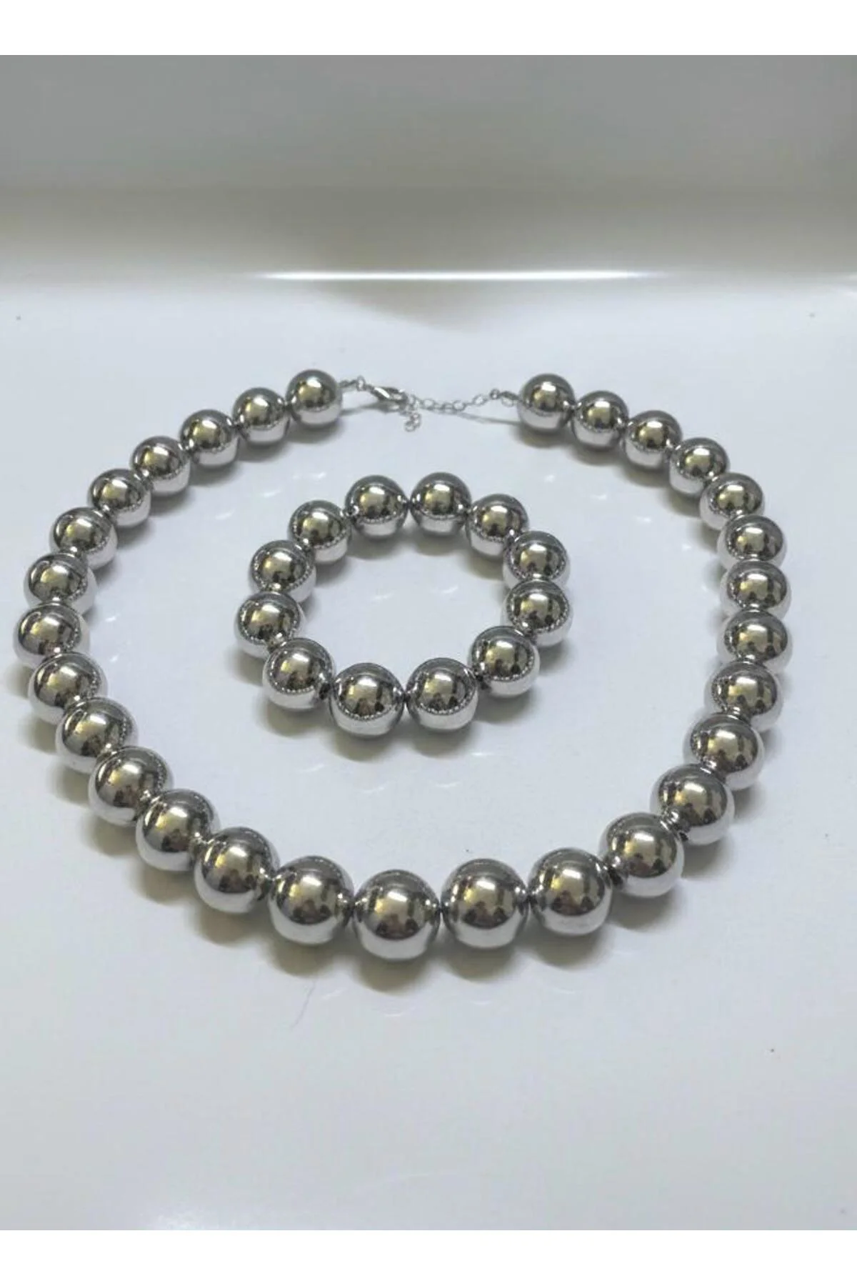 LÜX PARLAK İNCİ KOLYE BİLEKLİK SET ( 16 MM )