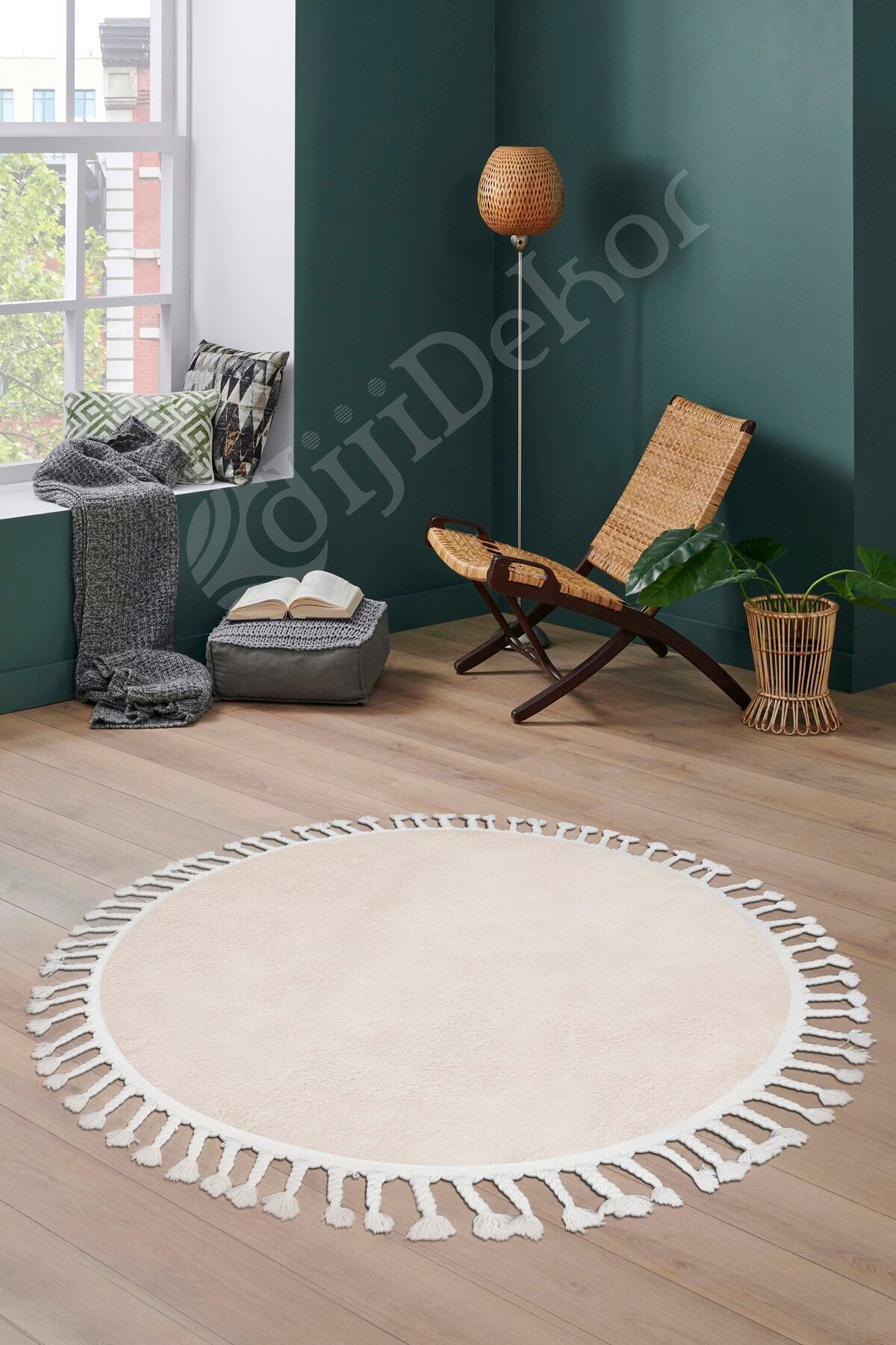 Lüx Post Peluş Düz Krem Yuvarlak Saçaklı Bohem Banyo Halısı 200X200 Fiyatı, Yorumları ve Özellikleri
