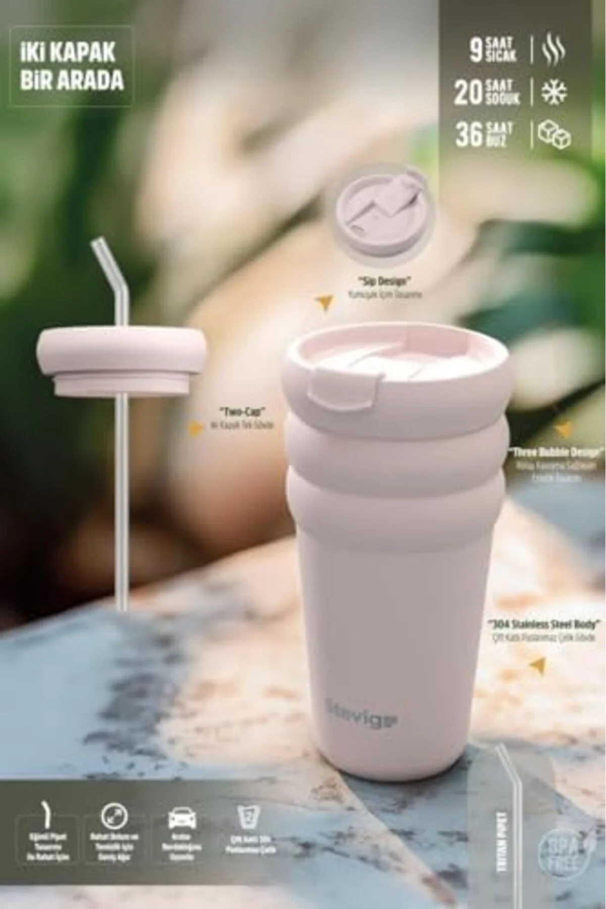 LuxShoping 3 Bubble Two-Cap Straw Tumbler Çelik Termos 600 ML Lil LuxShoping 3 Bubble Two-Cap Straw Tumbler Çelik Termos 600 ML Lil