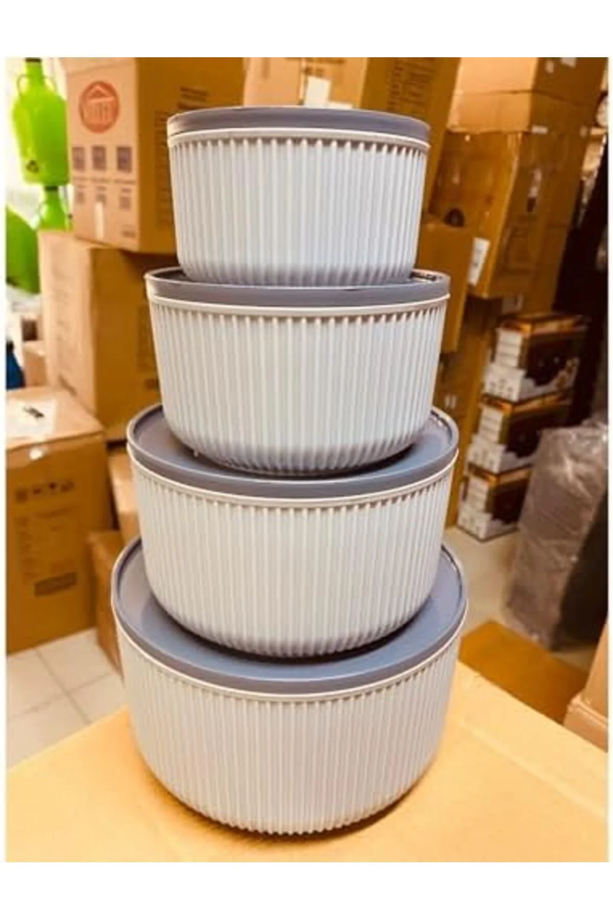 LuxShoping 4'lü Modern Saklama Kabı Seti, Çizgili Bej Plastik, BP LuxShoping 4'lü Modern Saklama Kabı Seti, Çizgili Bej Plastik, BP