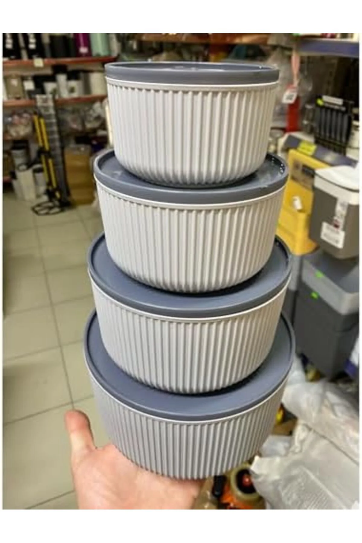 LuxShoping 4'lü Modern Saklama Kabı Seti, Çizgili Bej Plastik, BP LuxShoping 4'lü Modern Saklama Kabı Seti, Çizgili Bej Plastik, BP