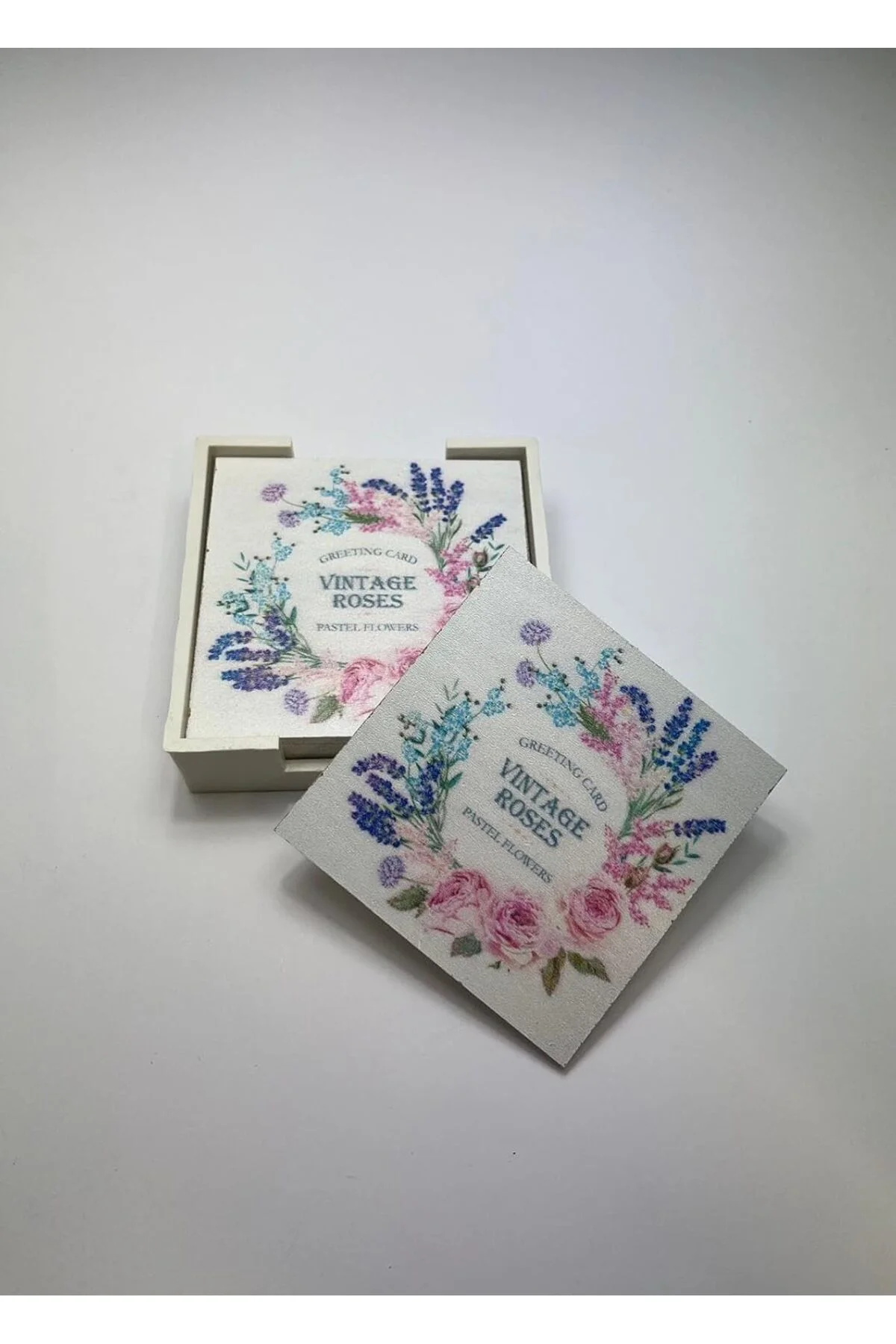 LuxShoping 6’lı Ahşap Bardak Altlığı Seti (Kutulu - Çiçek Desenli