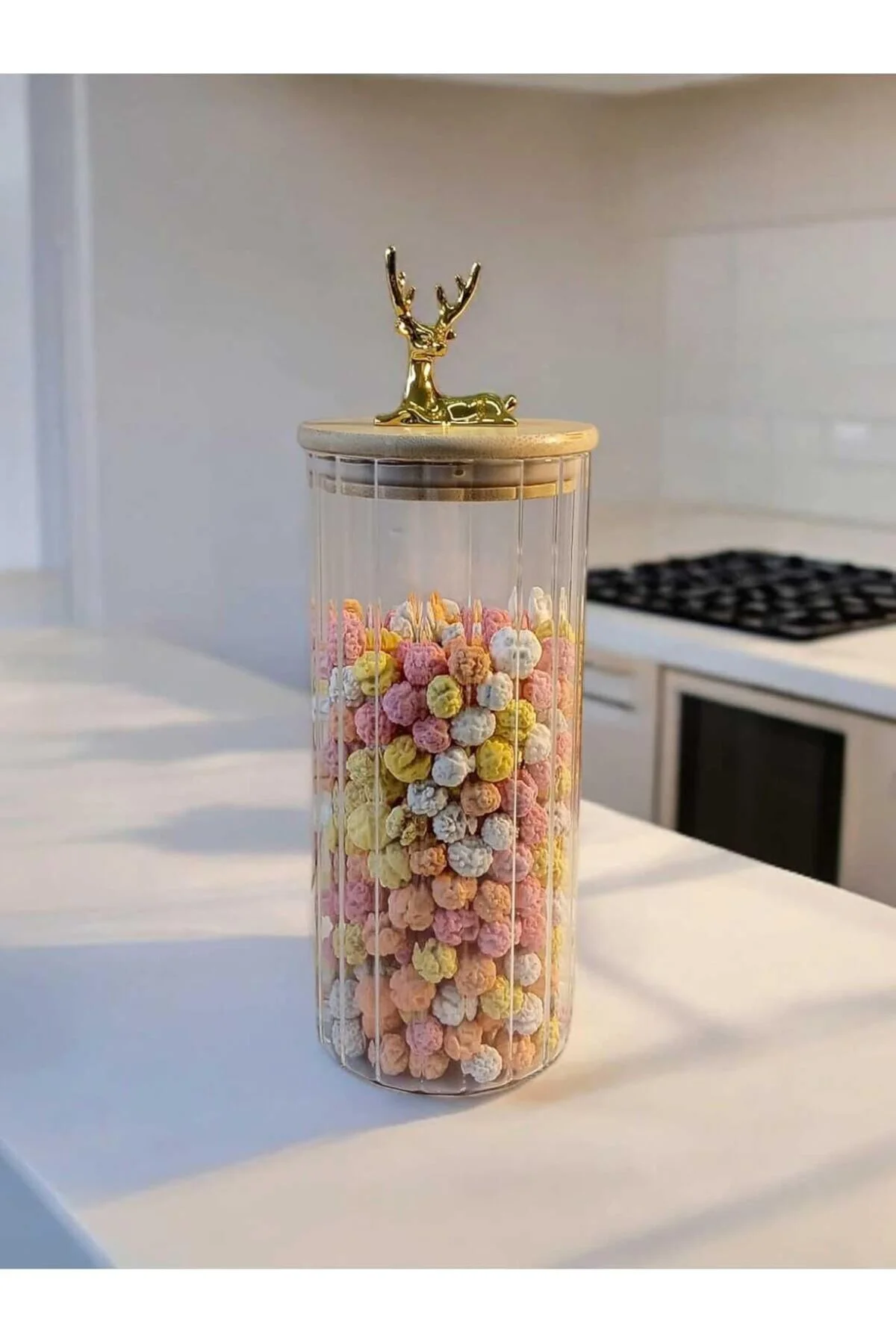 LuxShoping (9X20 Cm) 1 Adet Geyikli Cam Saklama Kavanozu Geyik Ba