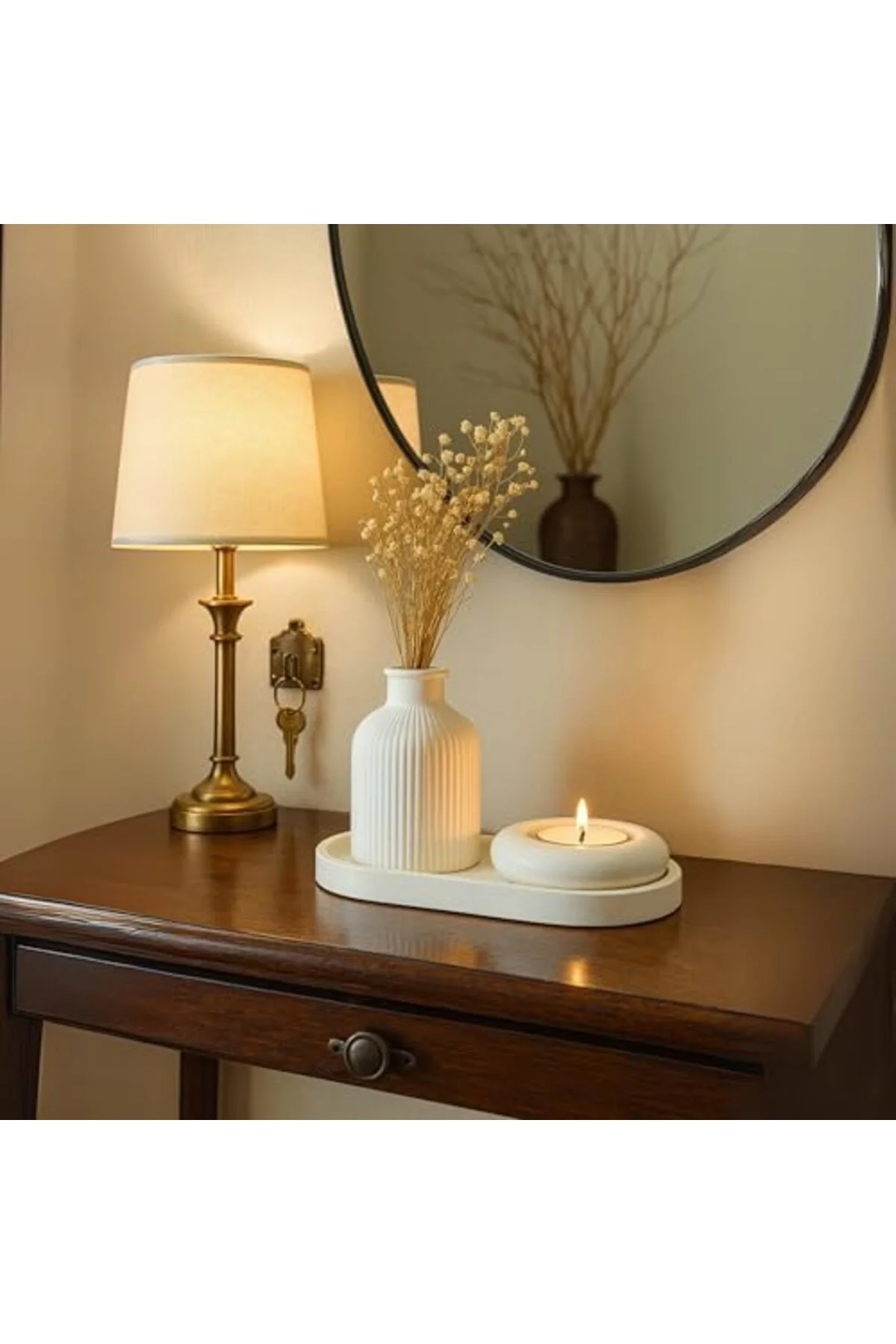 LuxShoping Beyaz Seramik Vazo, Tealight Mumluk ve Dekoratif Tepsi