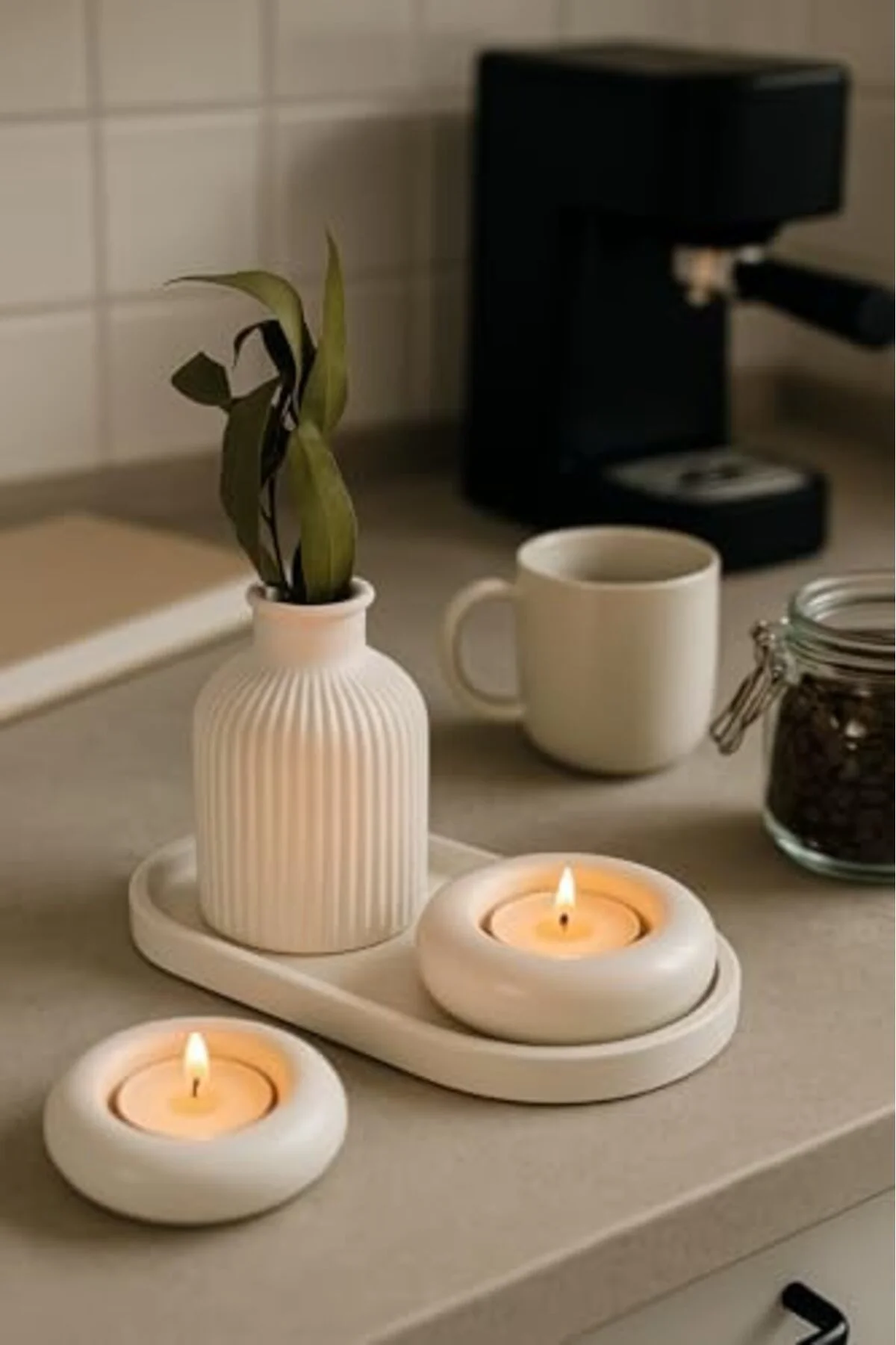 LuxShoping Beyaz Seramik Vazo, Tealight Mumluk ve Dekoratif Tepsi