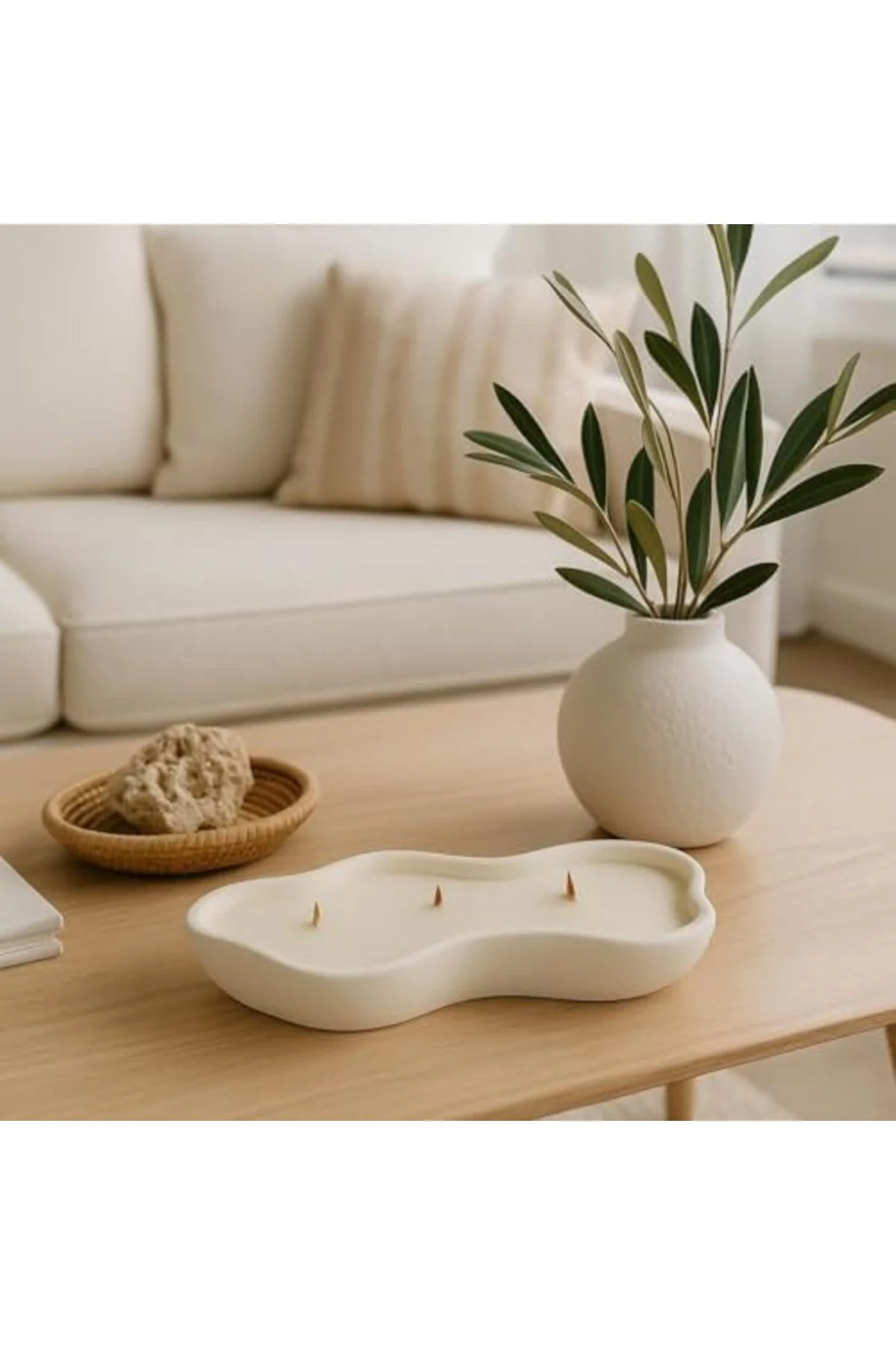 LuxShoping Dalgalı Kenarlı Kapta Üç Ahşap Fitilli El Yapımı Dekor