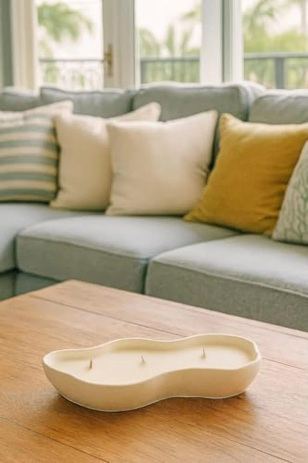 LuxShoping Dalgalı Kenarlı Kapta Üç Ahşap Fitilli El Yapımı Dekor