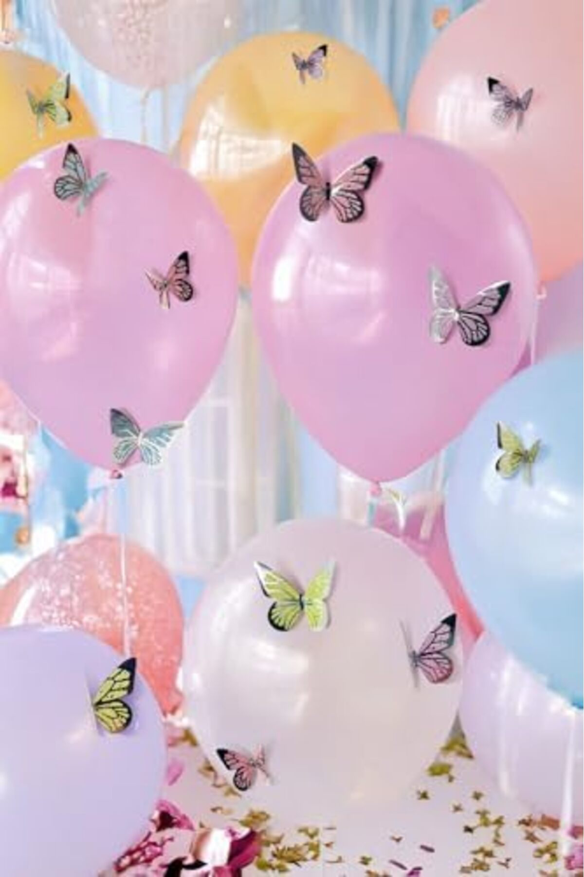 LuxShoping Gümüş Yaldızlı Soft Renkli Kelebek Parti Süsü, Dekoras