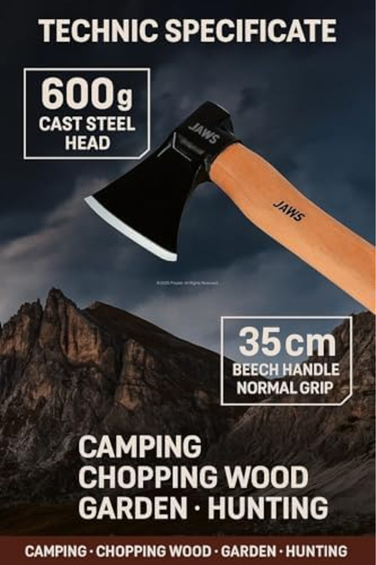 LuxShoping Kamp Baltası, 600 Gram, Dökme Çelik Baş, 35 Cm Kayın S